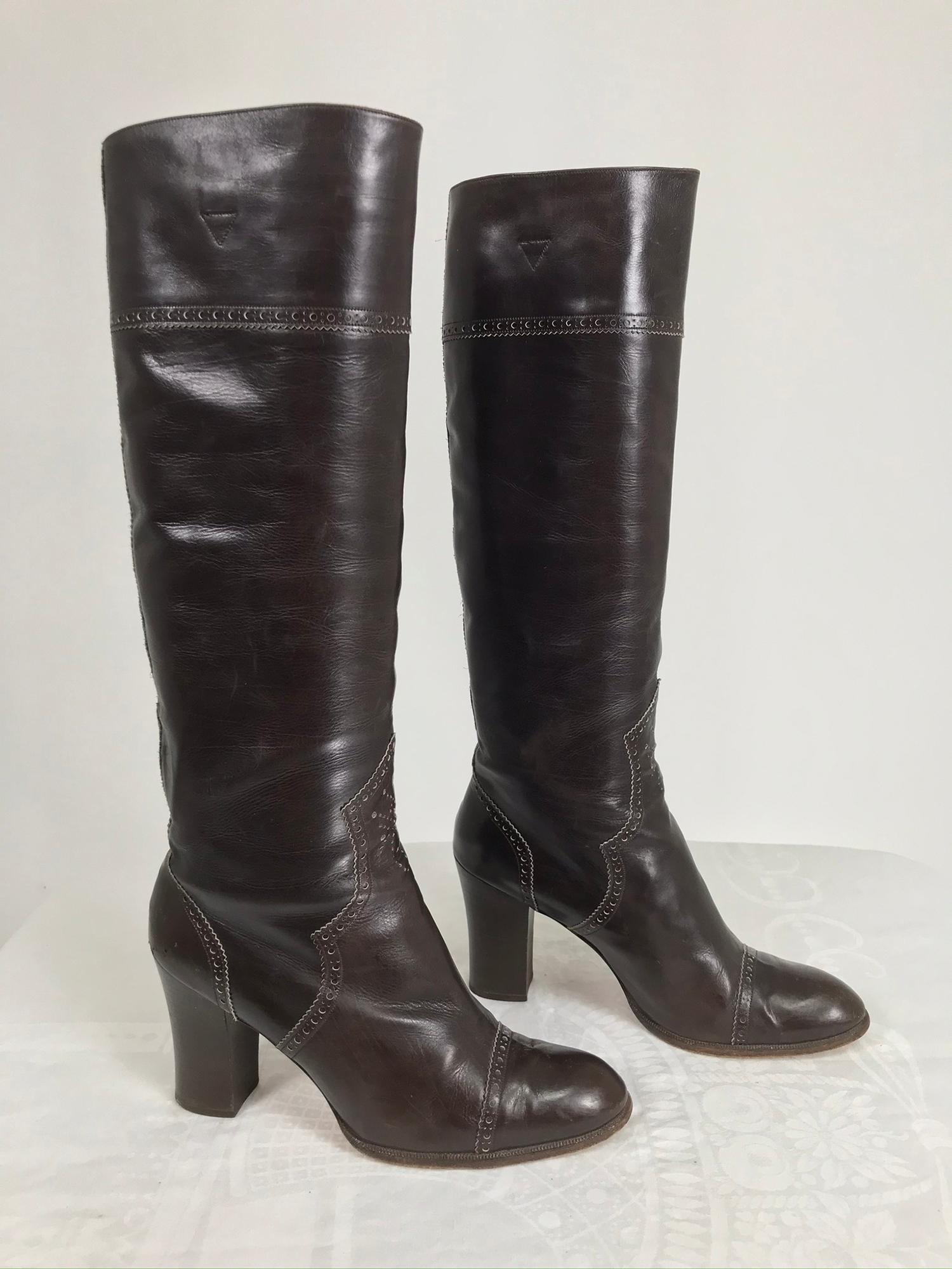 Black Yves Saint Laurent Decorated Dark Brown Leather High Heel Boots Vintage 1970s