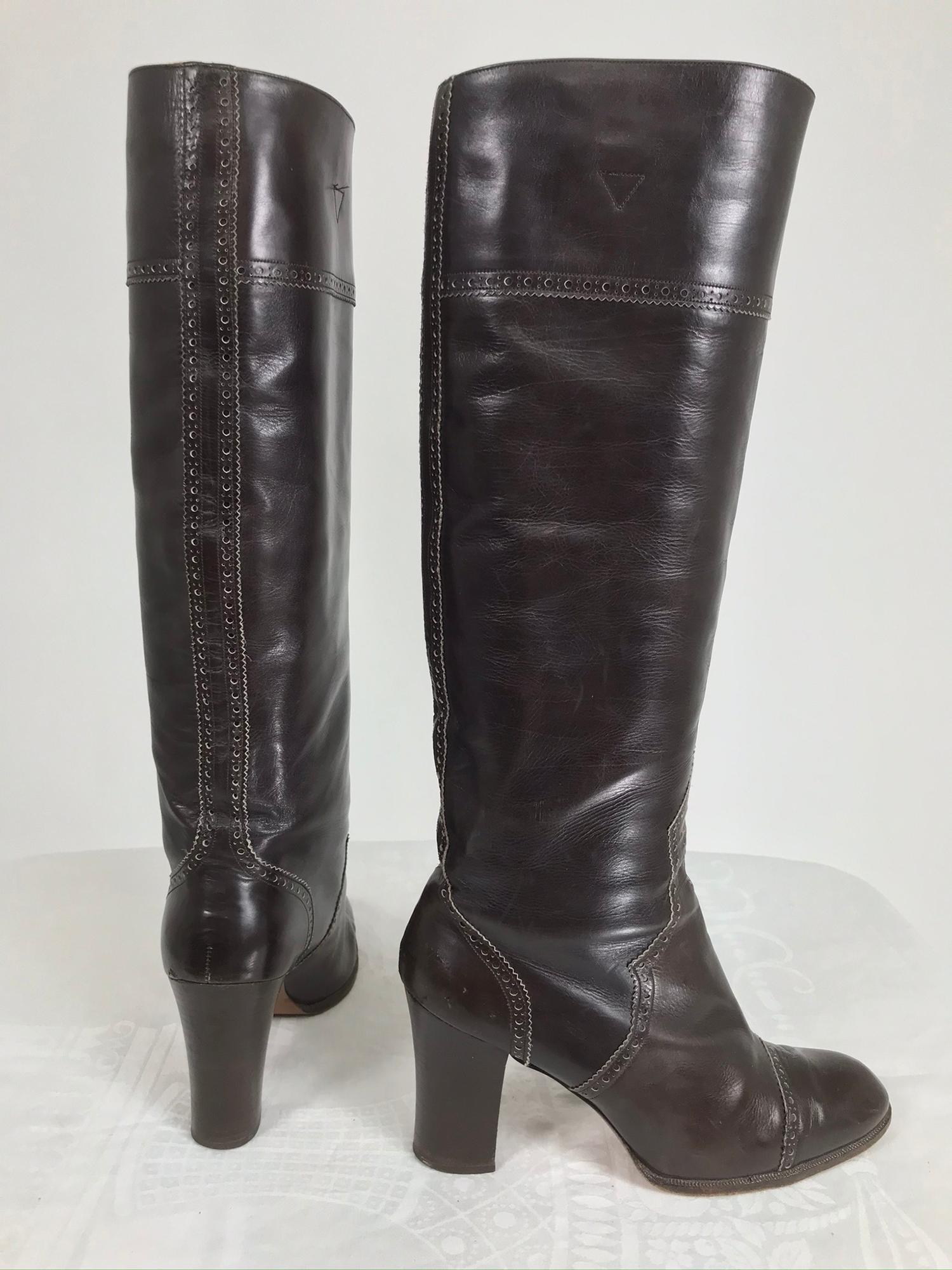 Yves Saint Laurent Decorated Dark Brown Leather High Heel Boots Vintage 1970s In Good Condition In West Palm Beach, FL