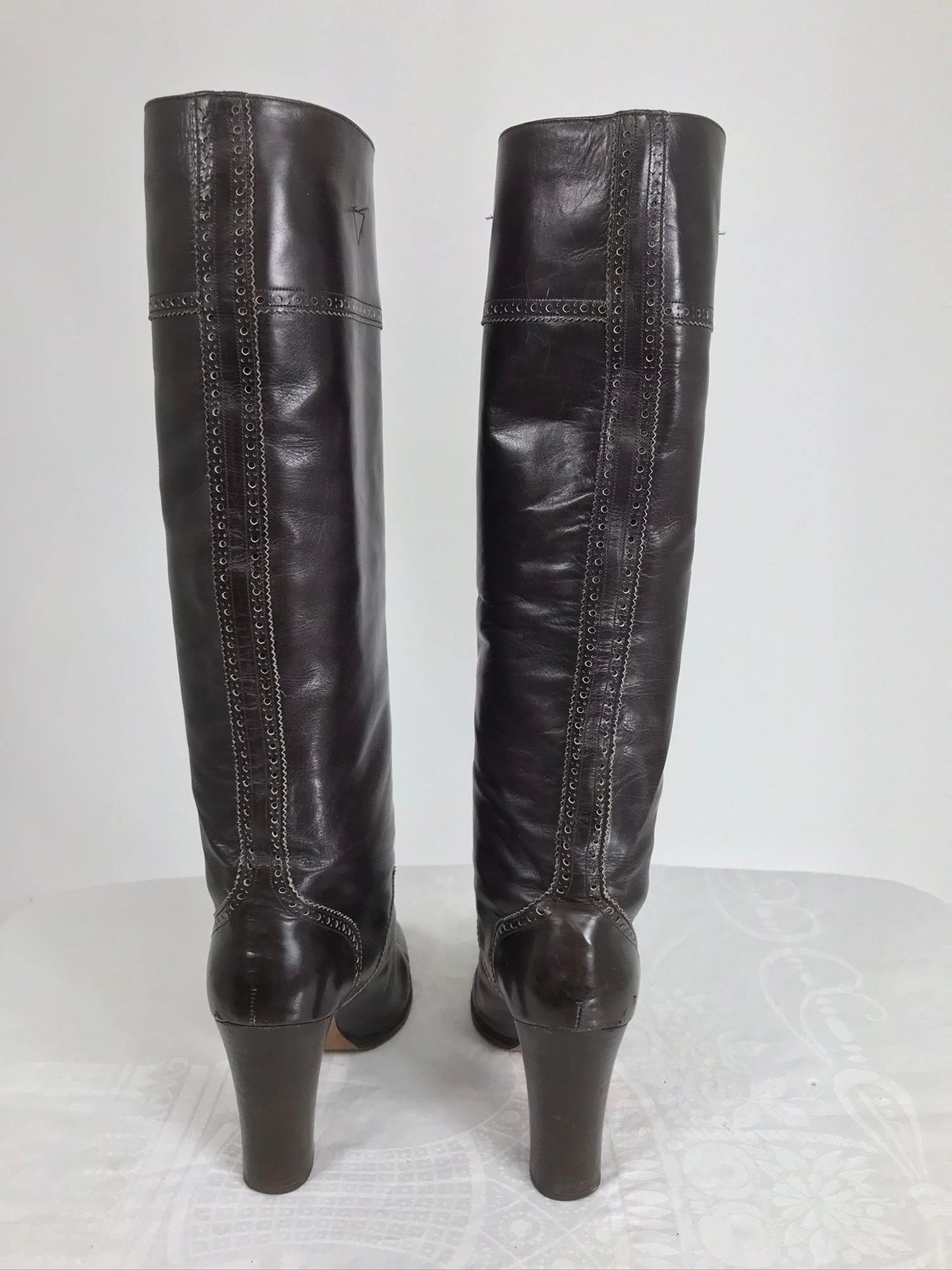 Women's Yves Saint Laurent Decorated Dark Brown Leather High Heel Boots Vintage 1970s