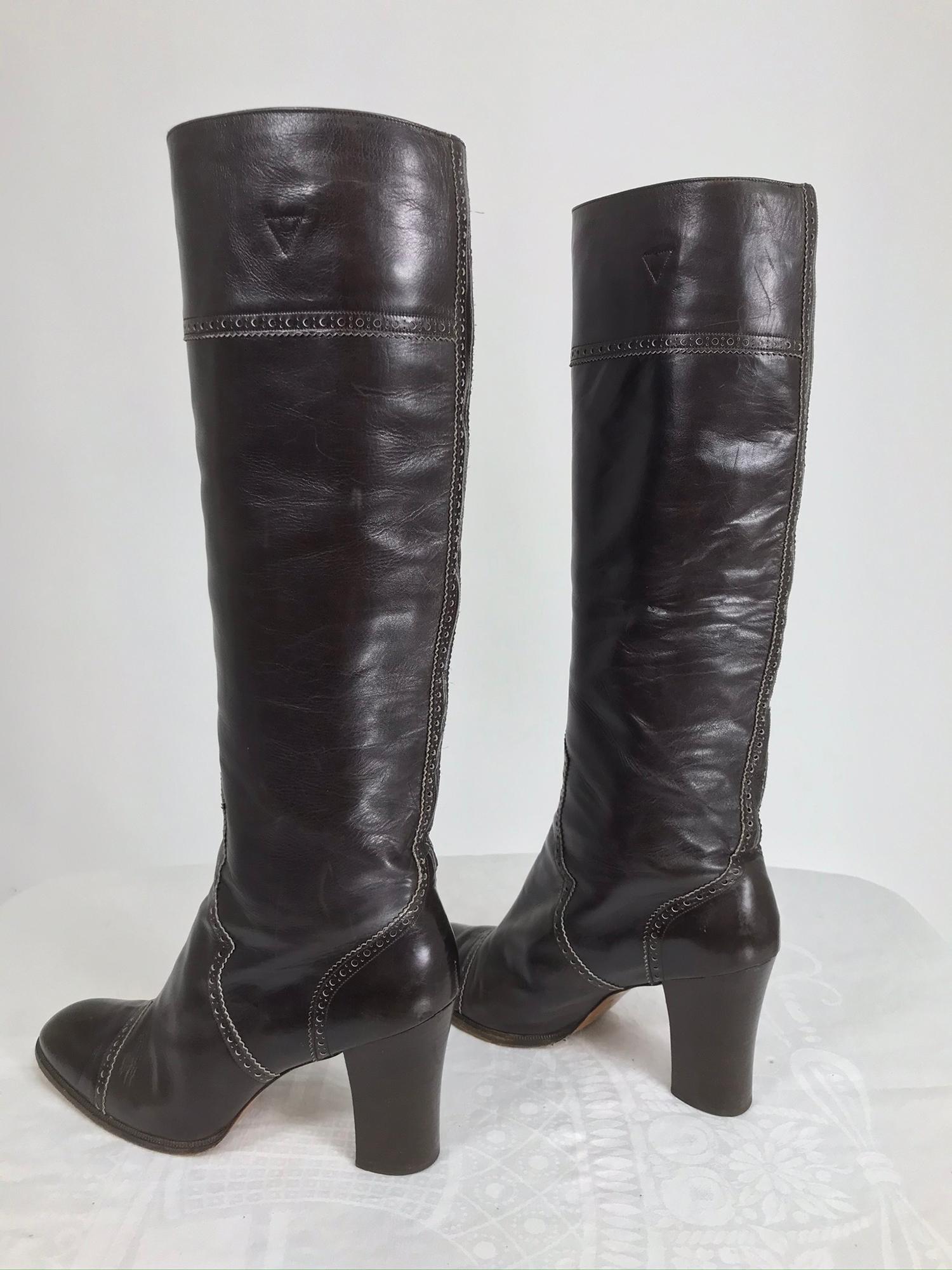 Yves Saint Laurent Decorated Dark Brown Leather High Heel Boots Vintage 1970s 1