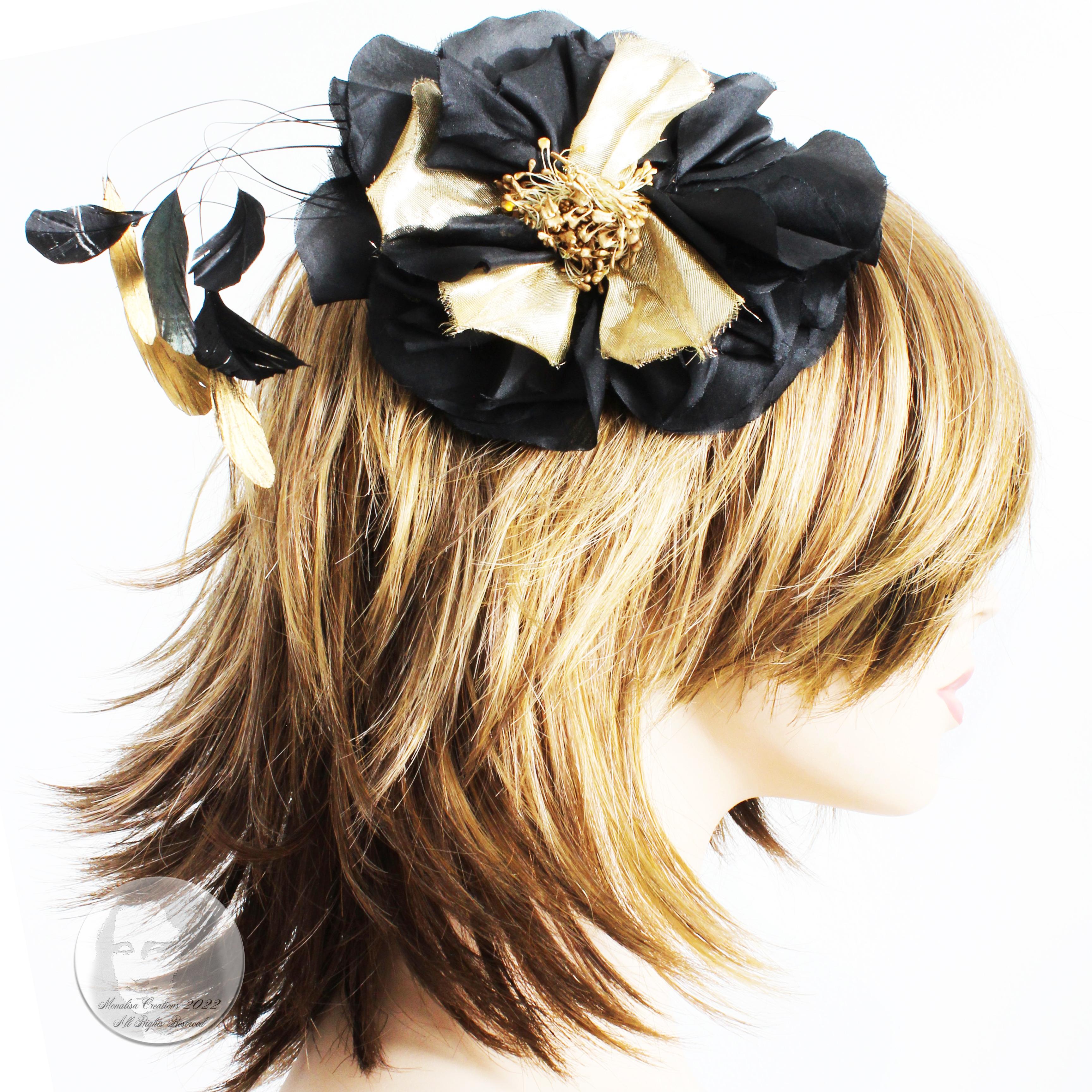 Authentic, preowned, vintage Yves Saint Laurent Rive Gauche decorative floral hair comb or head piece, likely made in the late 70s.  

A gorgeous and super-rare head piece comprised of an oversized flower with black and gold petals, and skinny green
