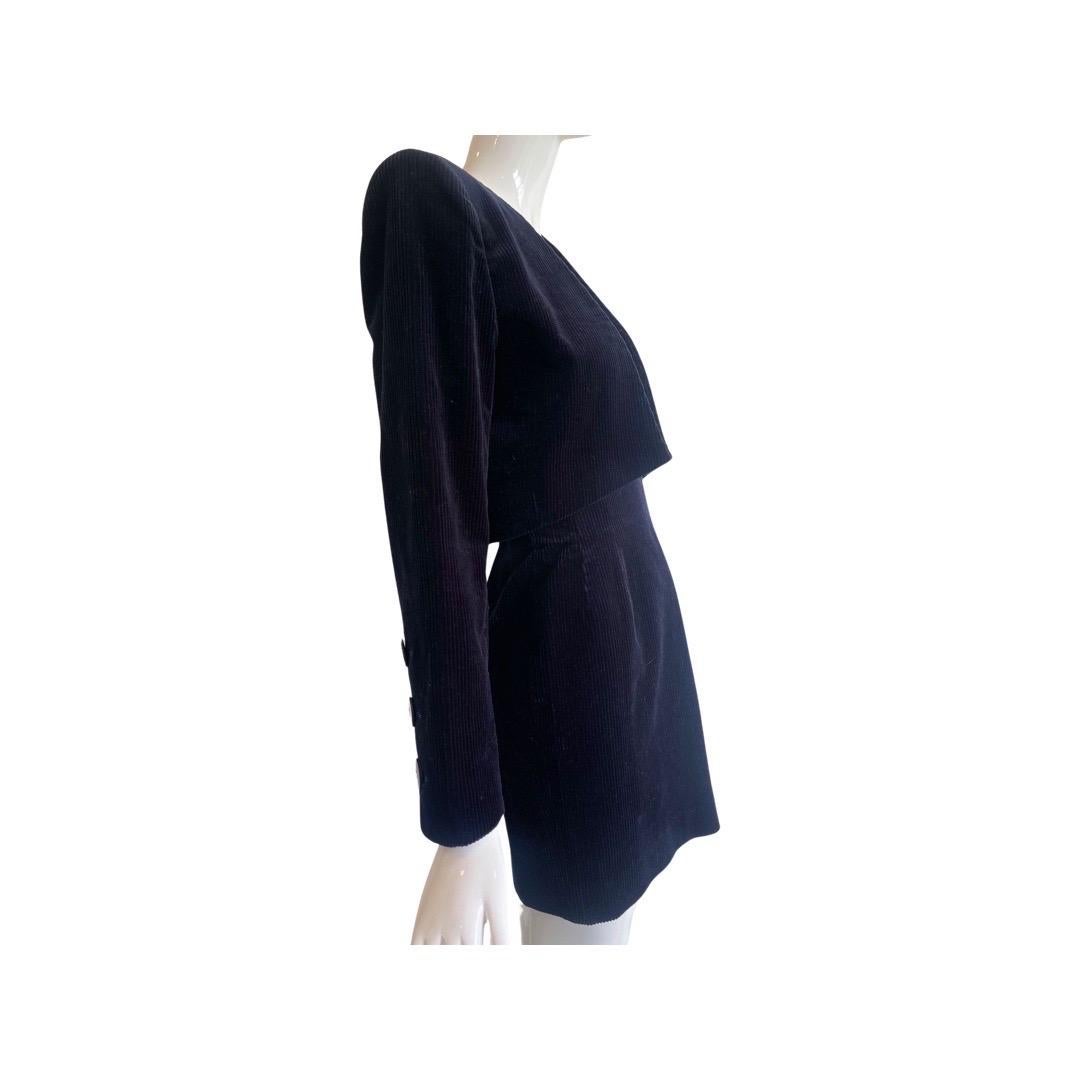 Women's 1980s Yves Saint Laurent Deep Corduroy Black Skirt Set For Sale