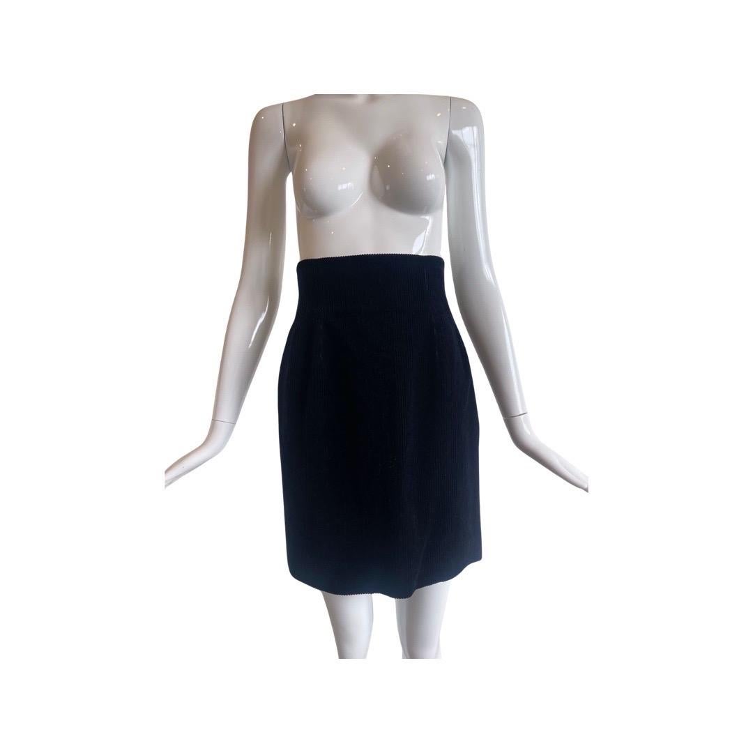 1980s Yves Saint Laurent Deep Corduroy Black Skirt Set For Sale 1