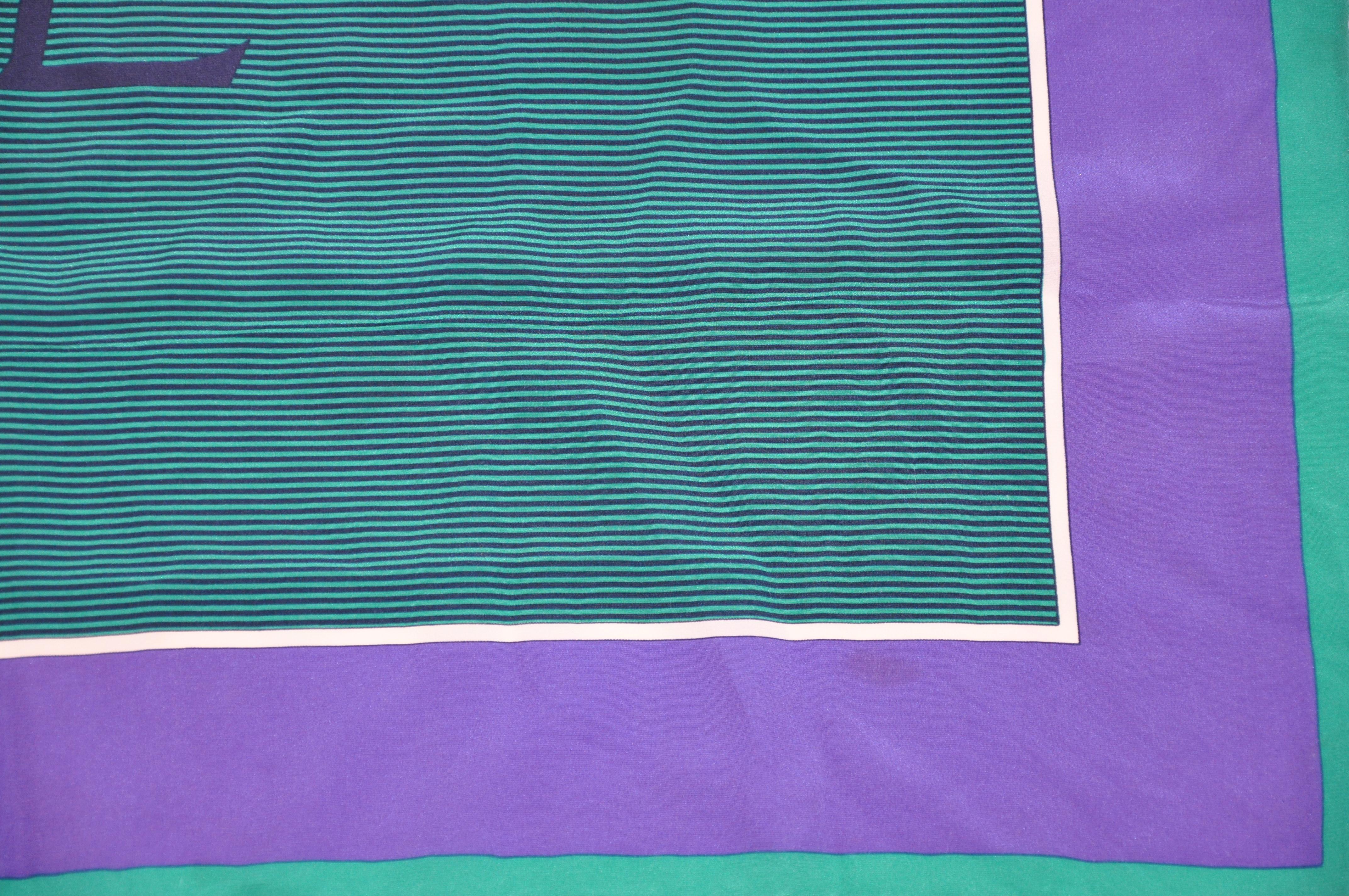 Yves Saint Laurent Deep Lavender & Green Border Silk Scarf In Good Condition For Sale In New York, NY