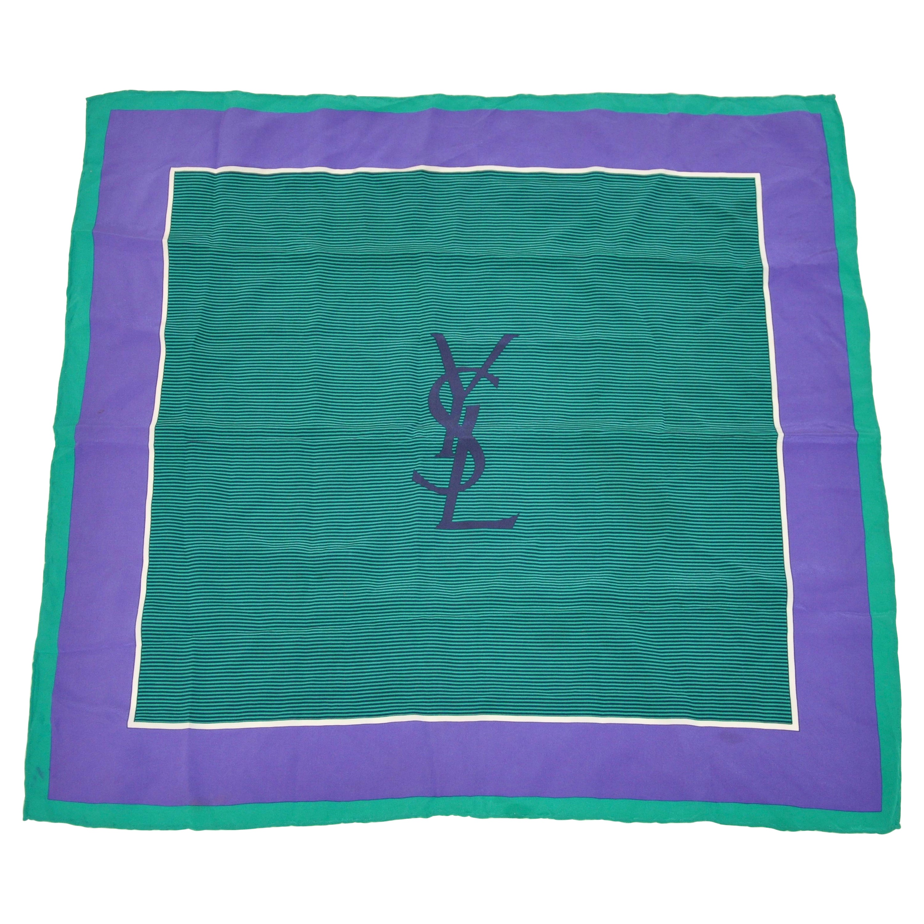 Yves Saint Laurent Deep Lavender & Green Border Silk Scarf For Sale