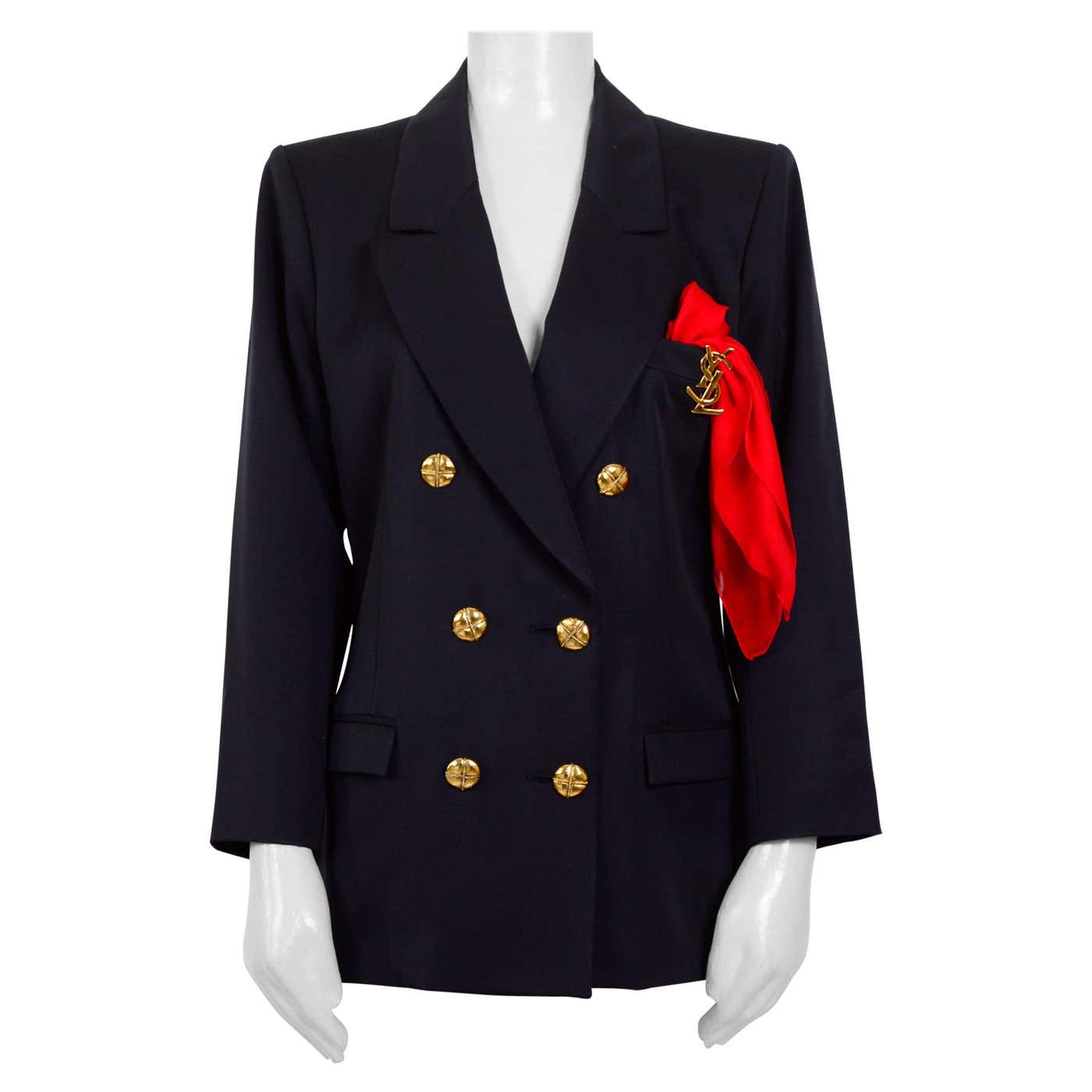 Yves Saint Laurent double breasted blazer attached logo brooch and ...