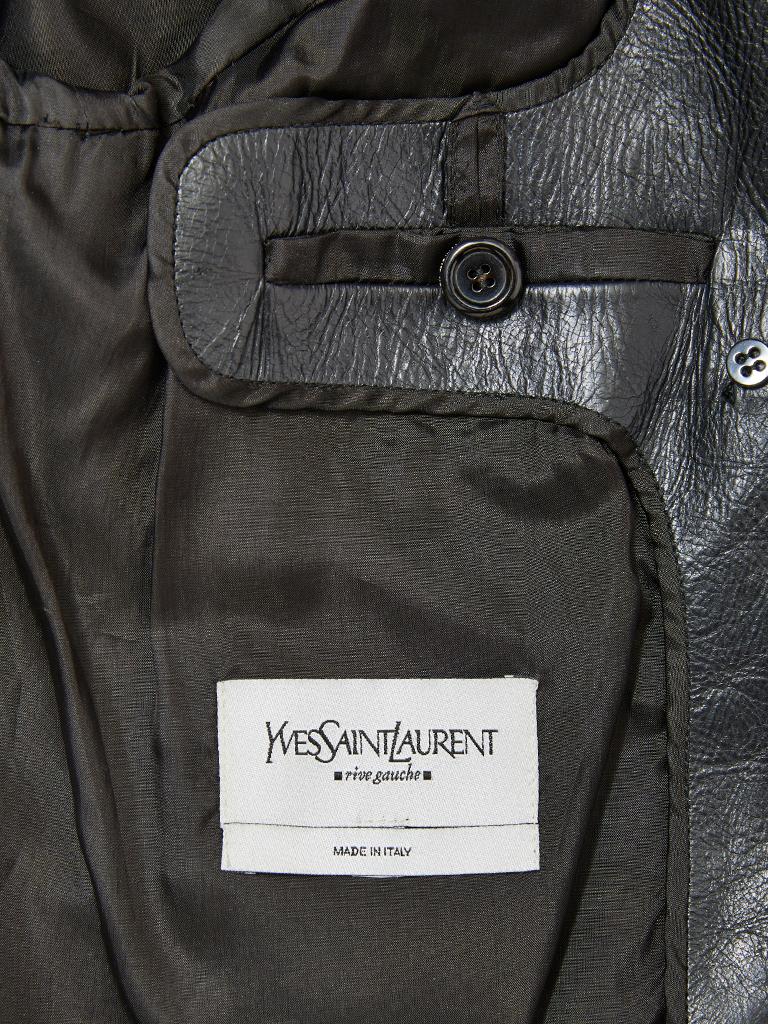 Black Yves Saint Laurent Double Breasted Leather Pea Jacket