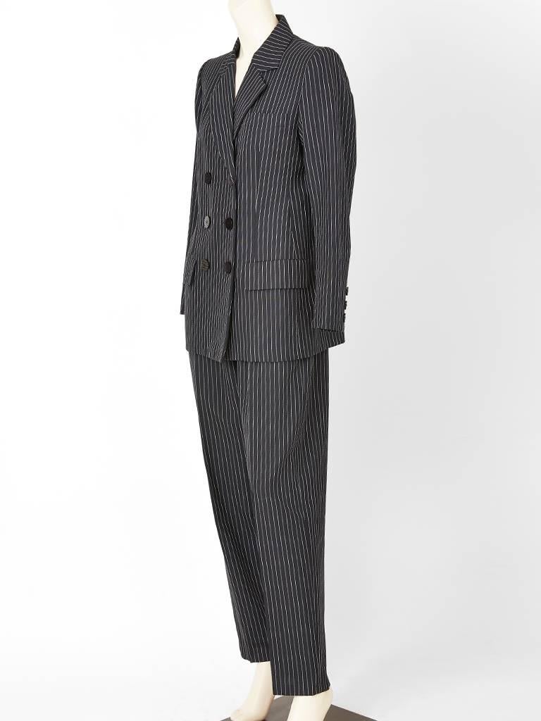 Black Yves Saint Laurent Double Breated Pin Stripe Pant Suit