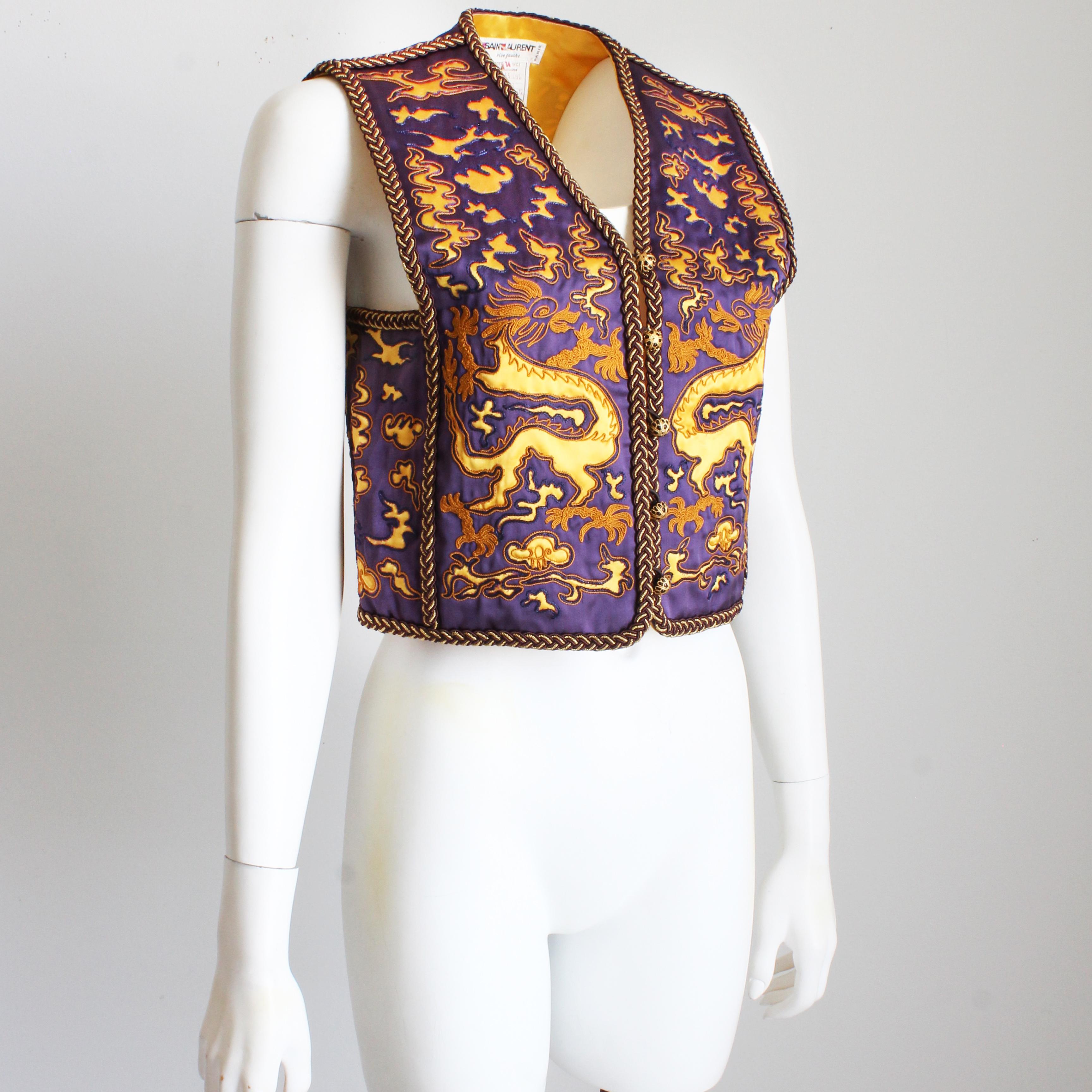 Women's or Men's Yves Saint Laurent Dragon Vest Purple Gold Embroidery Vintage NWT NOS Sz 34   For Sale