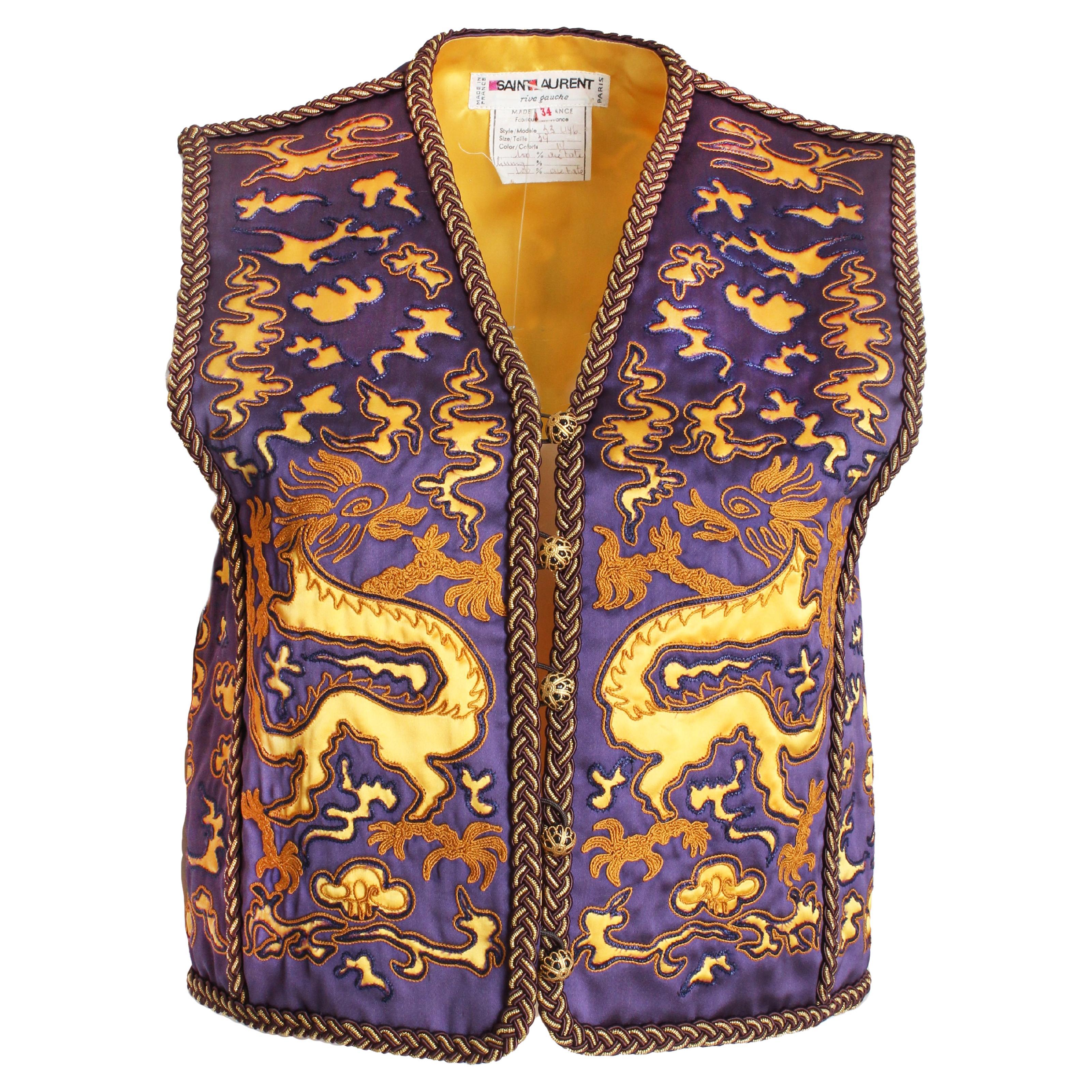 Yves Saint Laurent Dragon Vest Purple Gold Embroidery Vintage NWT NOS Sz 34   For Sale