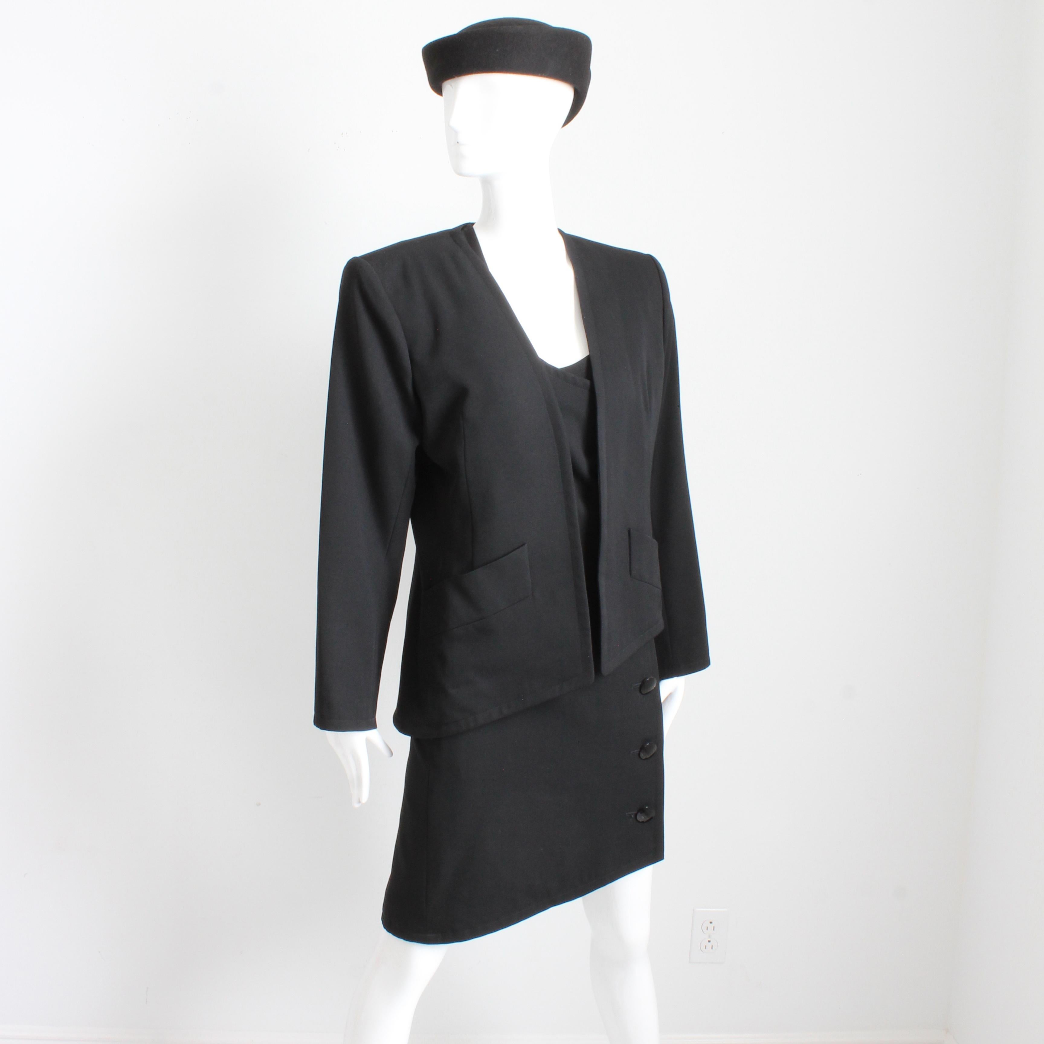 Nero Yves Saint Laurent Vestito e Giacca 2 pezzi Set Lana Nera YSL Rive Gauche 90s Sz 40 in vendita