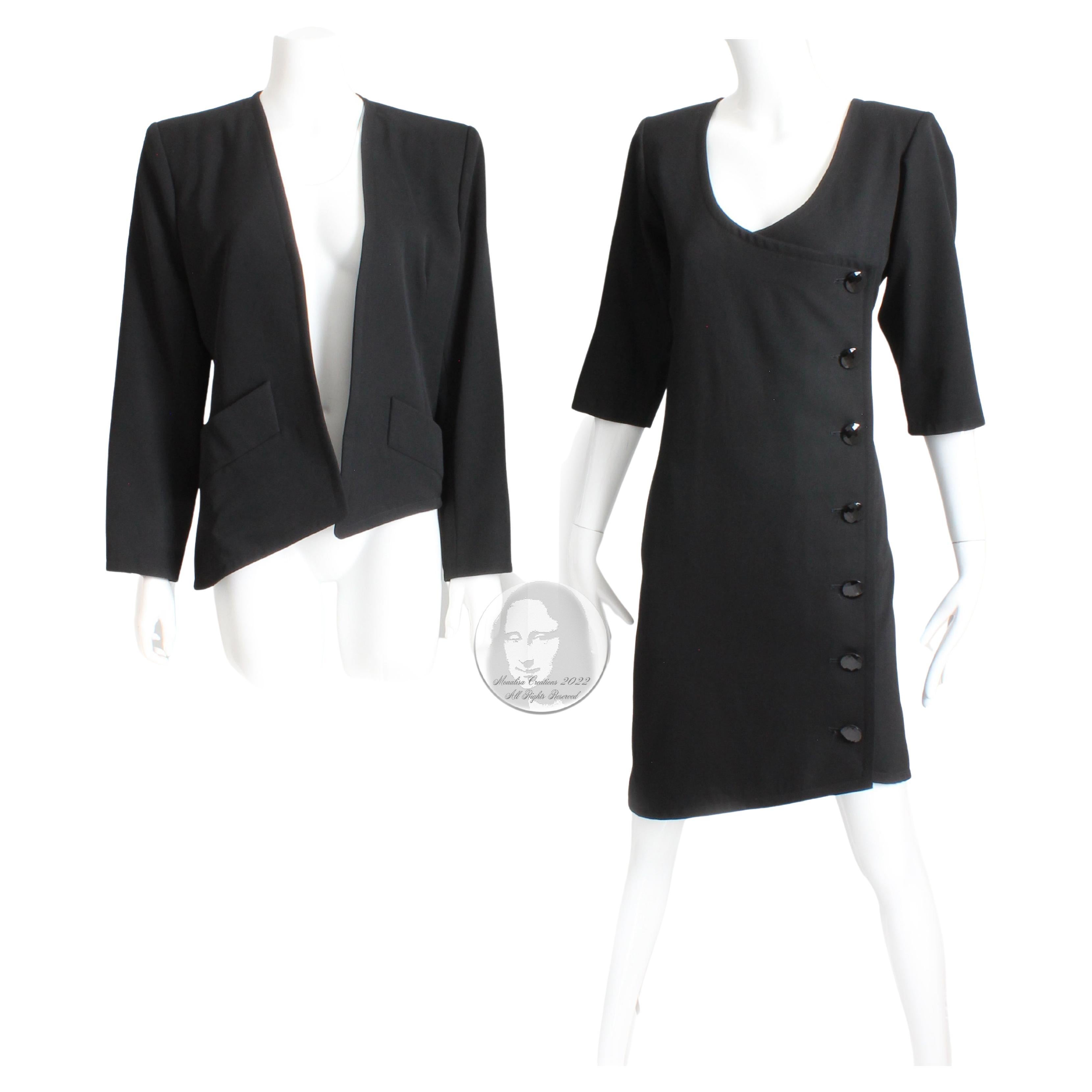 Yves Saint Laurent Dress and Jacket 2pc Set Black Wool YSL Rive Gauche 90s Sz 40