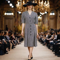 Yves Saint Laurent Dress B/W Pinstripe Silk Blend YSL Rive Gauche 1990s Sz 46