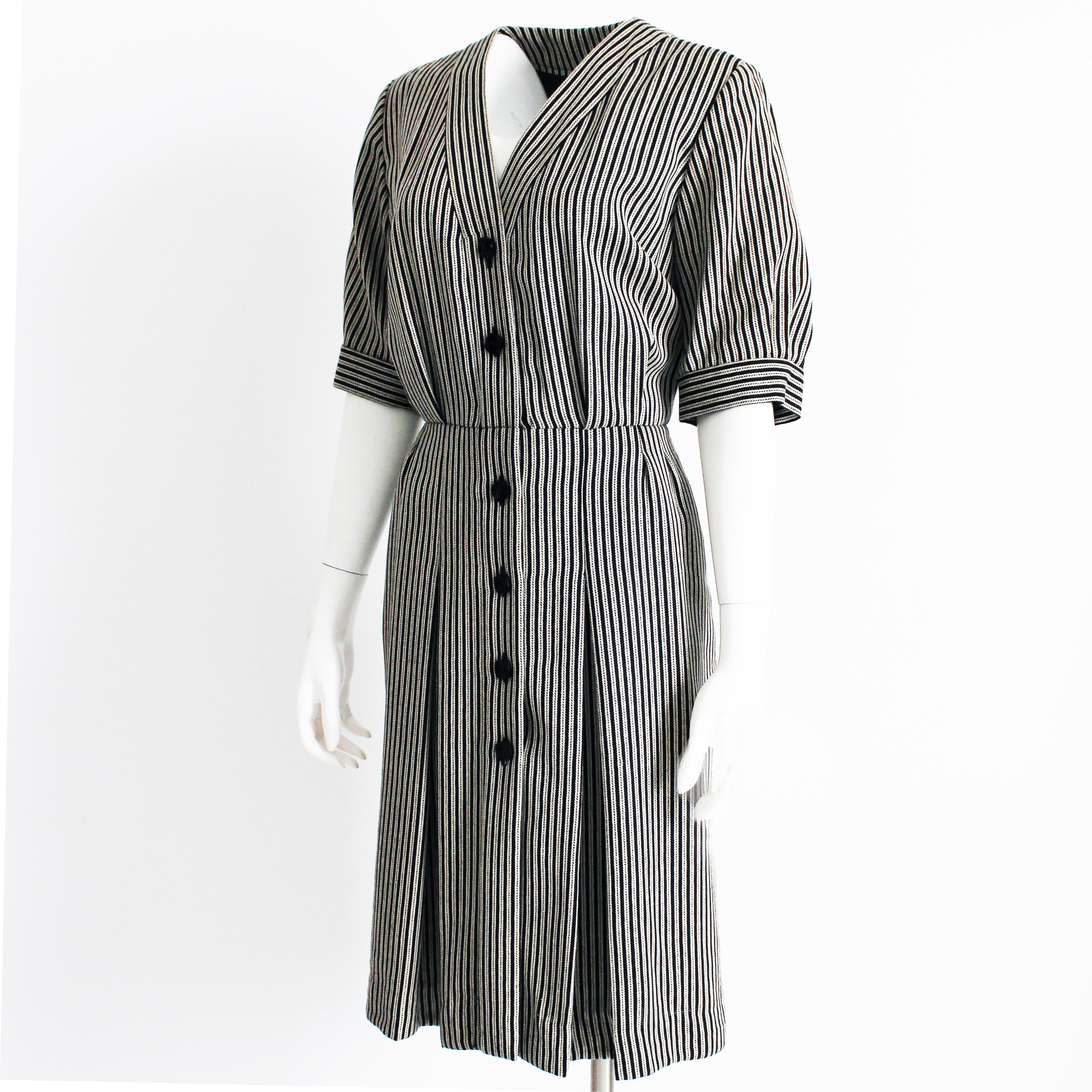 Women's Yves Saint Laurent Dress B/W Pinstripe Silk Blend YSL Rive Gauche 1990s Sz 46 For Sale