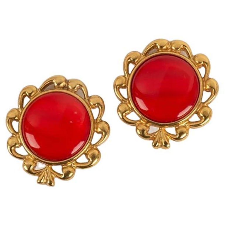 Yves Saint Laurent Earrings in Gold Metal and Red Resin For Sale at 1stDibs