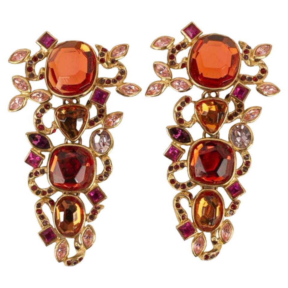 Yves Saint Laurent Earrings in Gold Plated Rhinestone and Resin For Sale