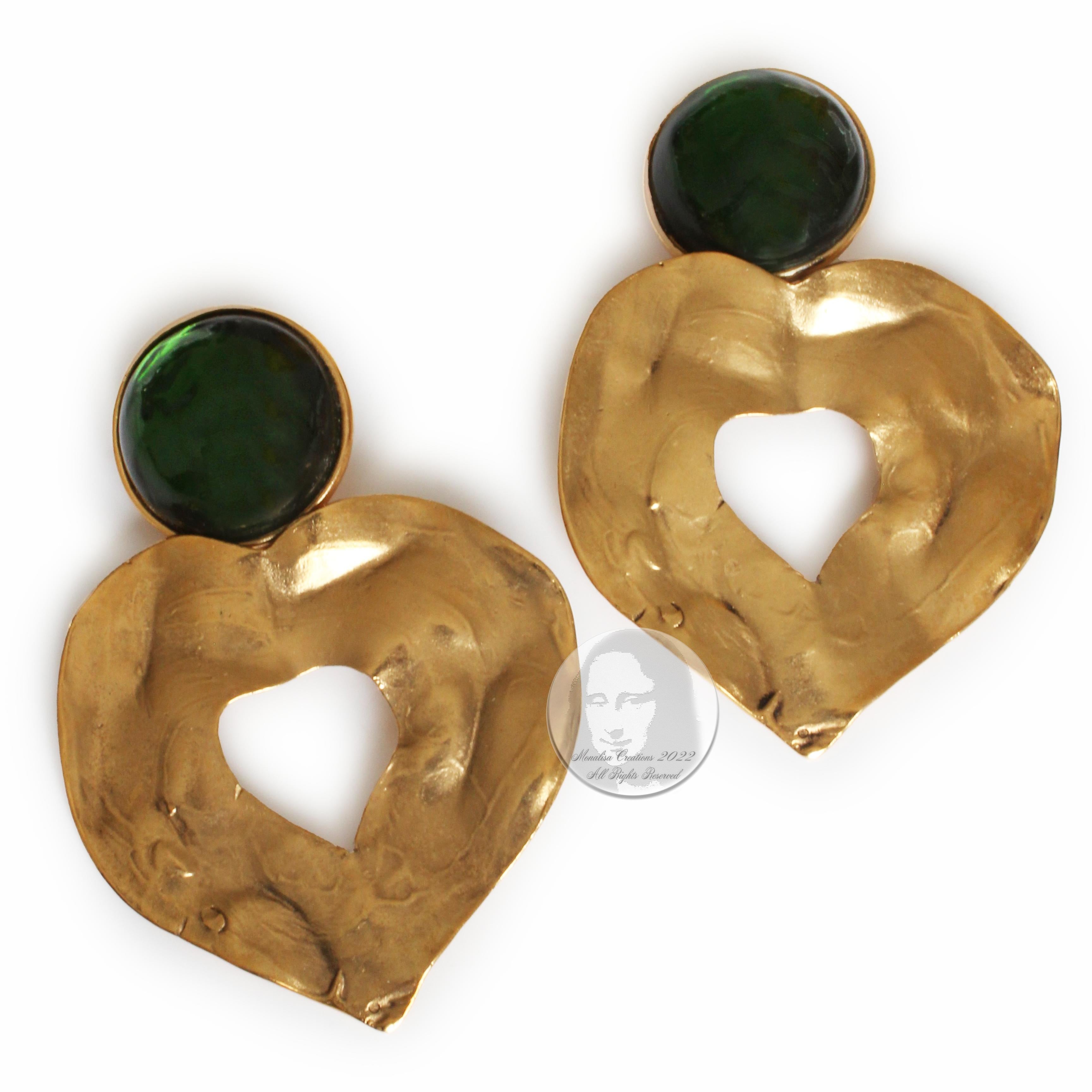 Contemporary Yves Saint Laurent Earrings Massive Gold Hearts Emerald Green Cabochons Vintage