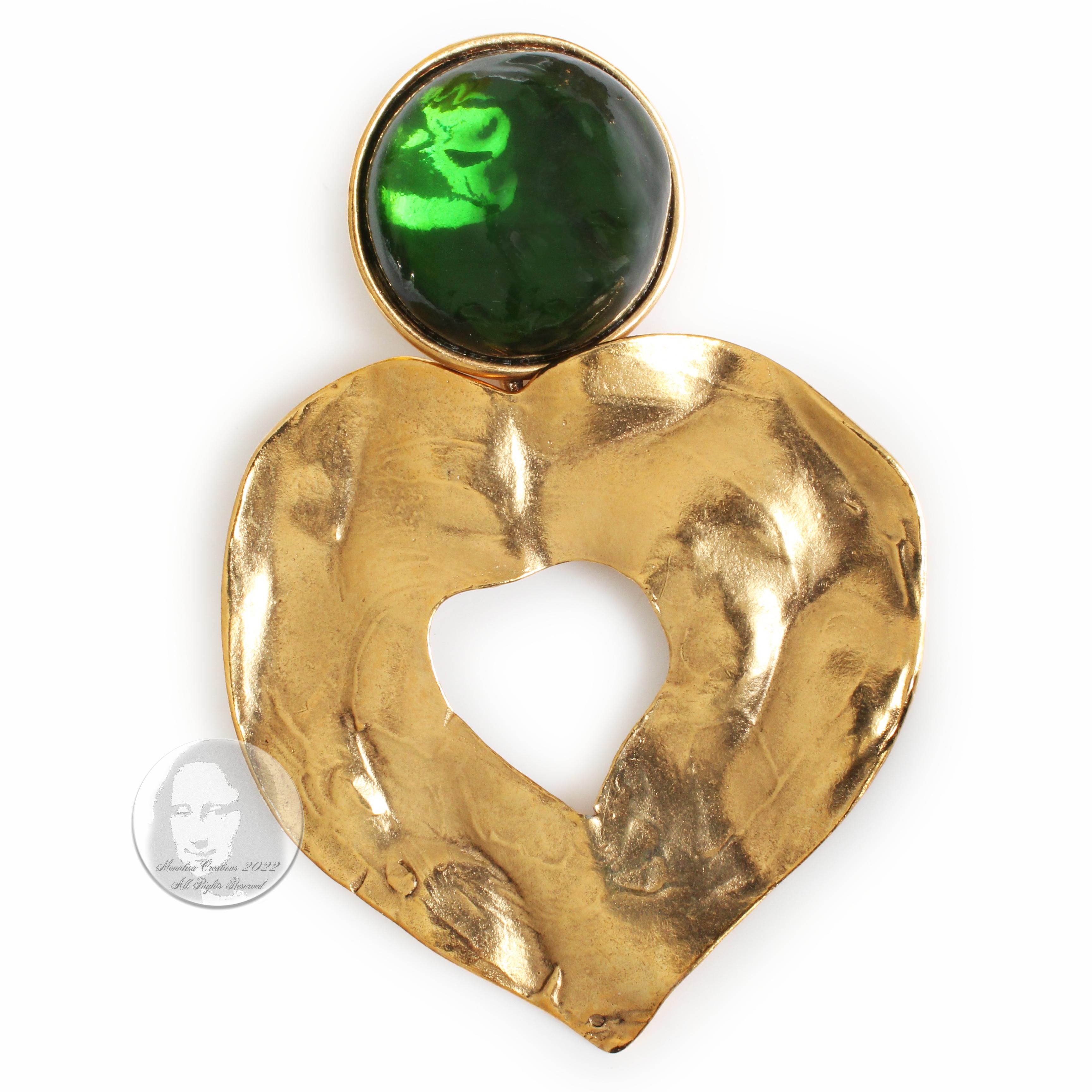 Women's Yves Saint Laurent Earrings Massive Gold Hearts Emerald Green Cabochons Vintage