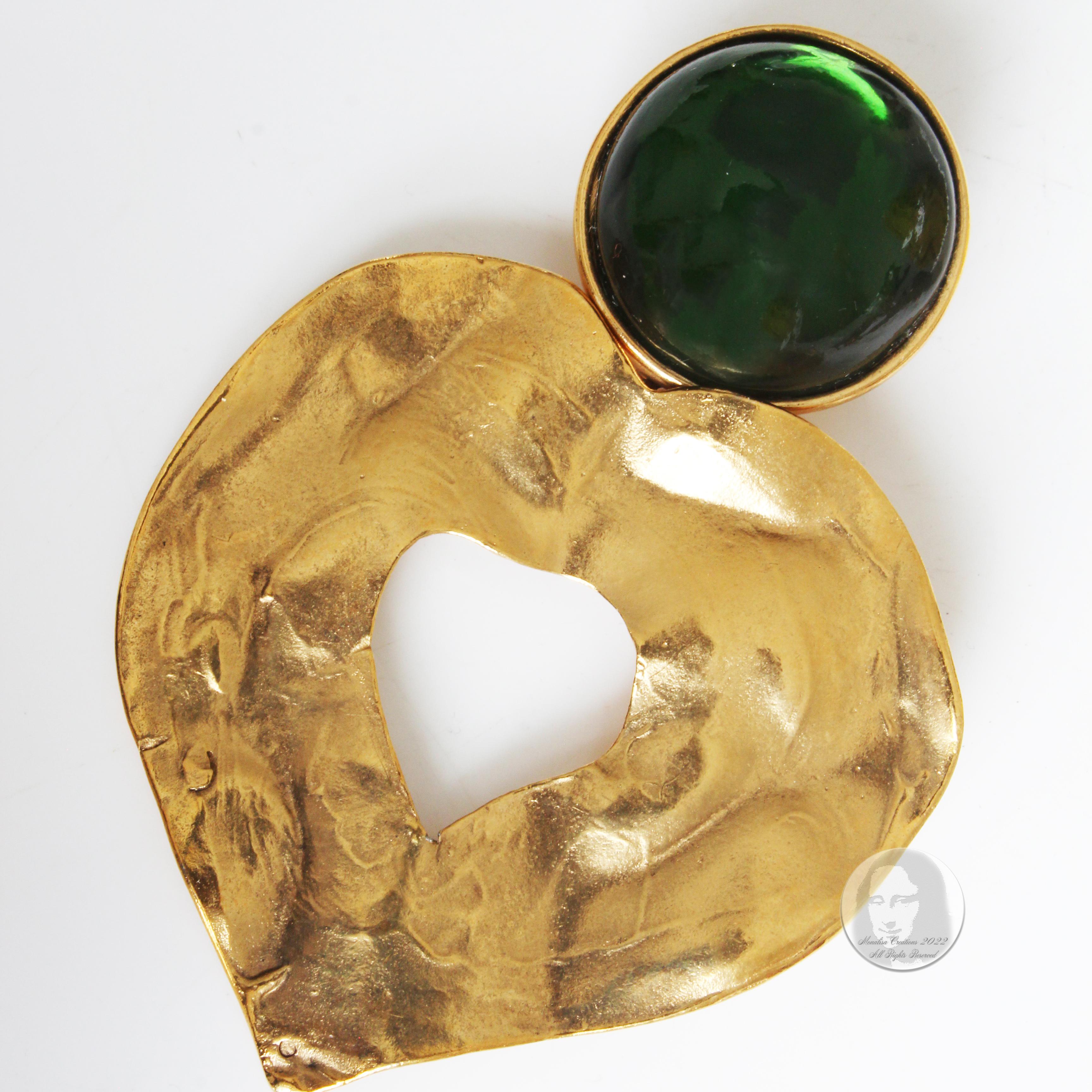 Yves Saint Laurent Earrings Massive Gold Hearts Emerald Green Cabochons Vintage 1