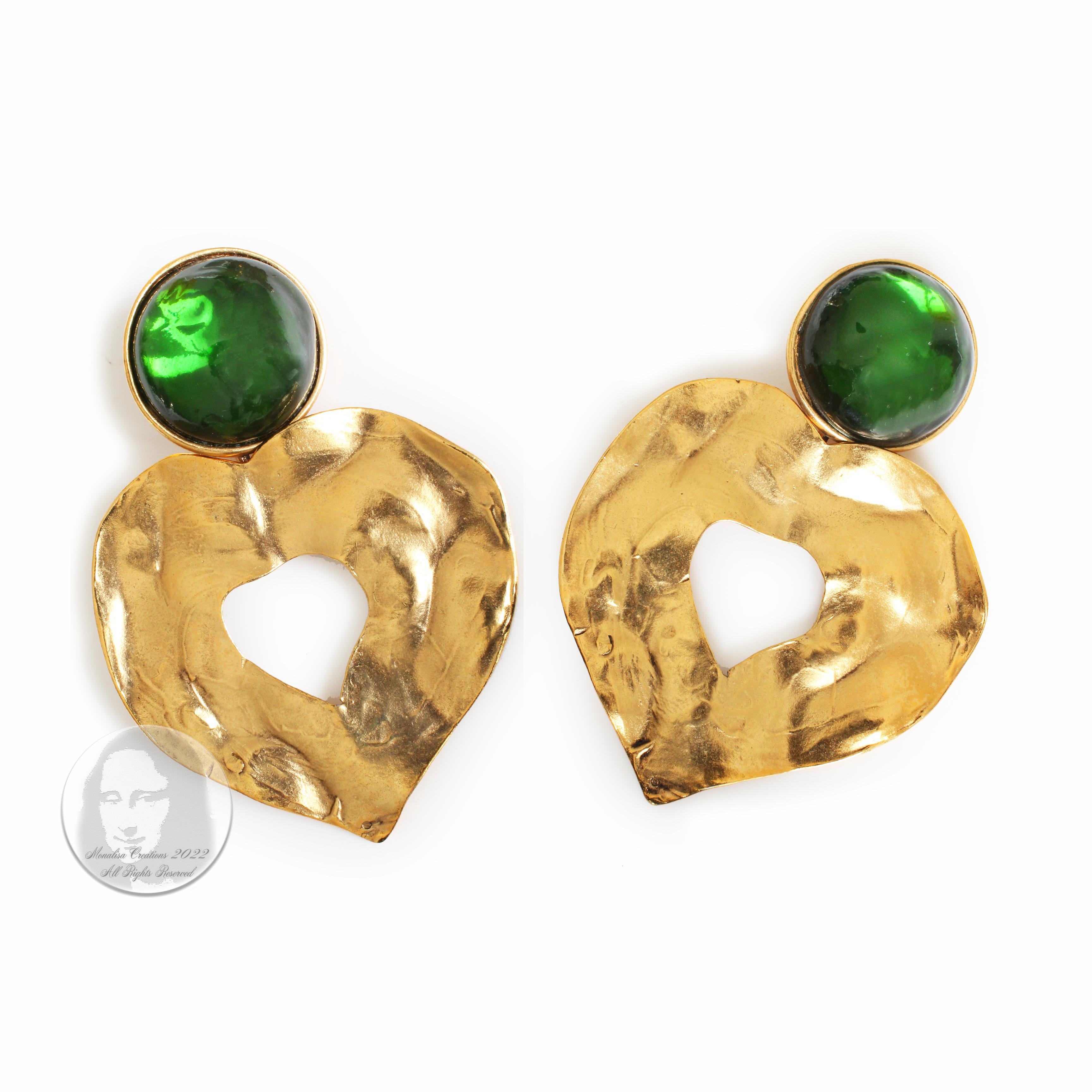 Yves Saint Laurent Earrings Massive Gold Hearts Emerald Green Cabochons Vintage 2