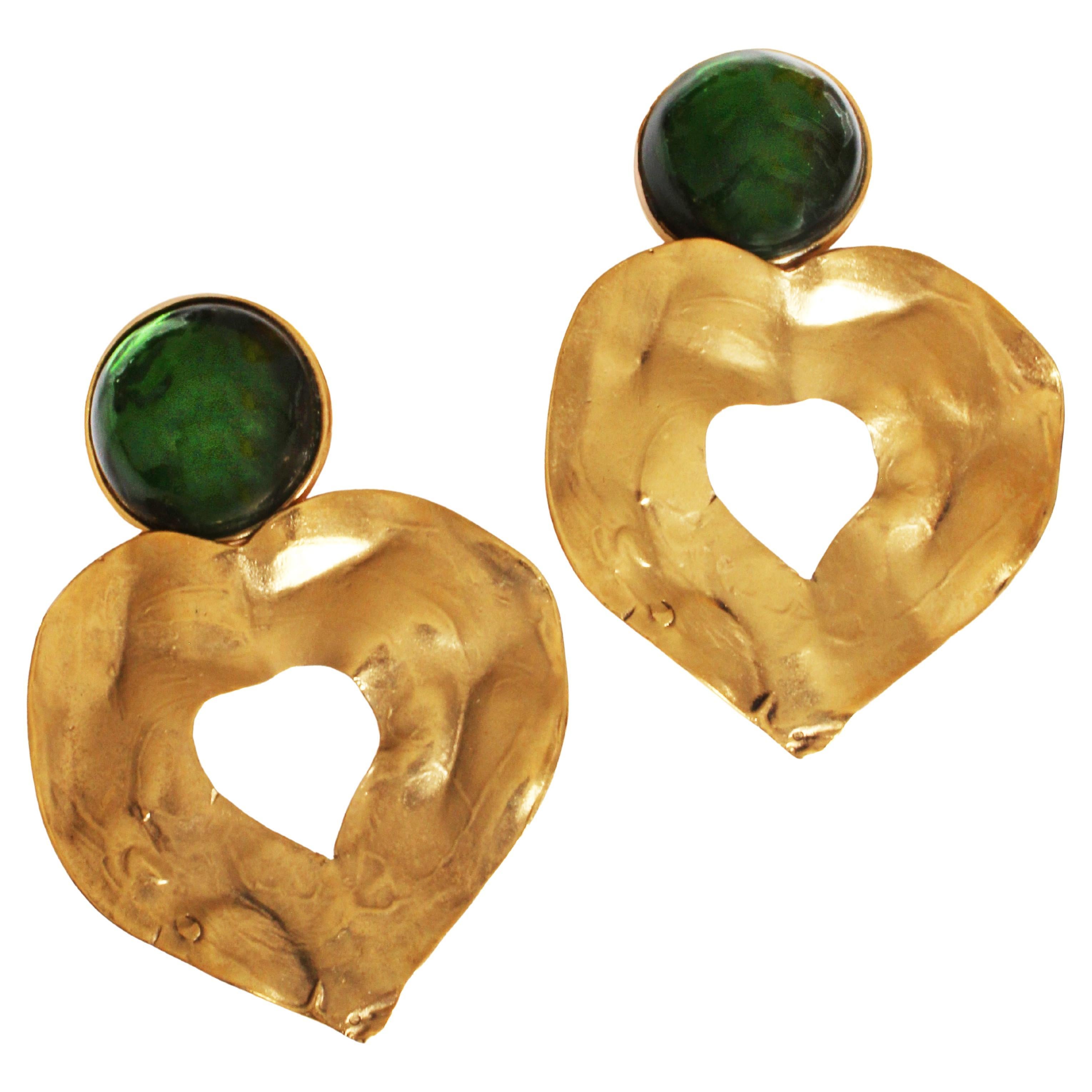 Yves Saint Laurent Earrings Massive Gold Hearts Emerald Green Cabochons Vintage