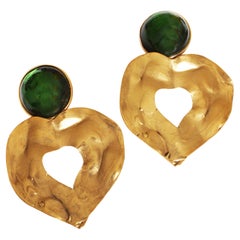 Yves Saint Laurent Earrings Massive Gold Hearts Emerald Green Cabochons Vintage