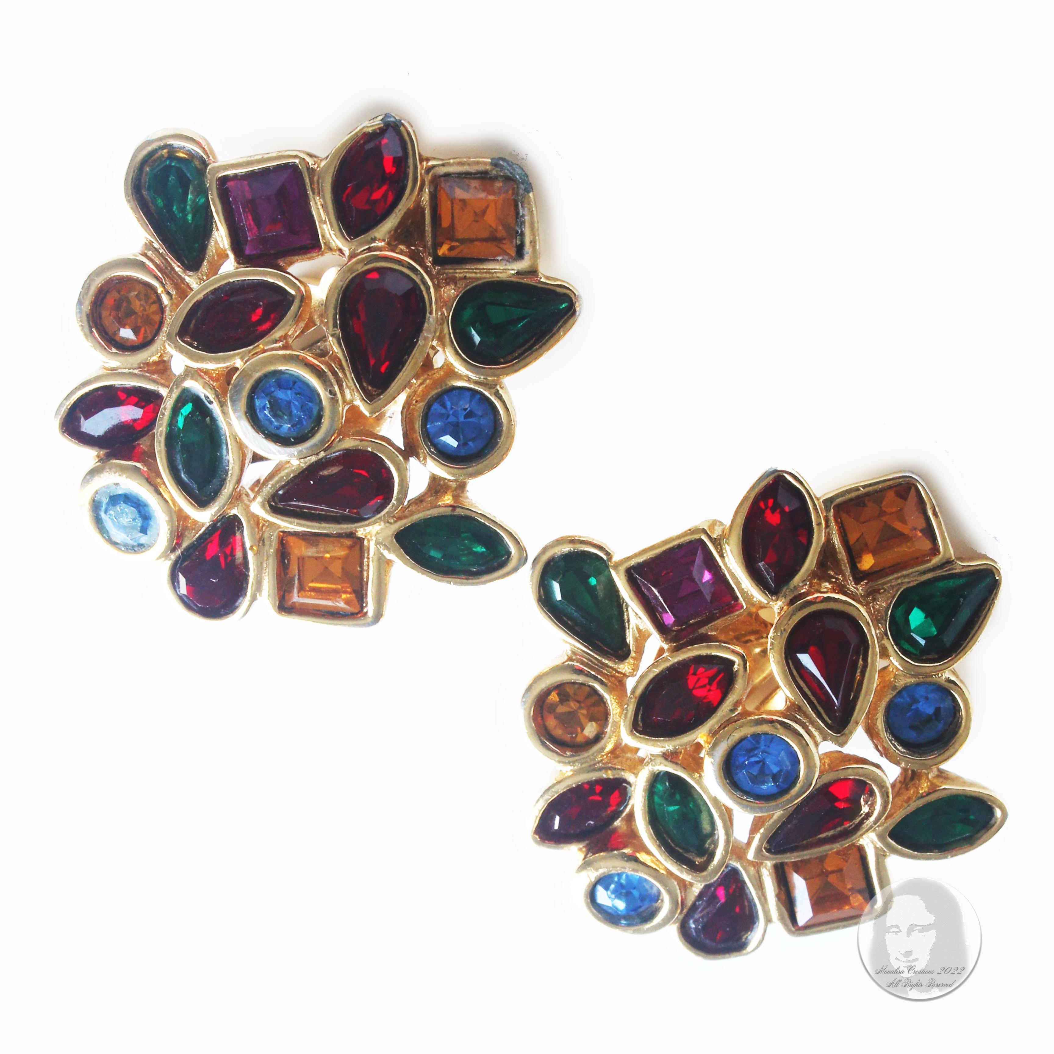 Yves Saint Laurent Earrings Multicolor Glass Rhinestones Clip Style Vintage 80s  For Sale 8