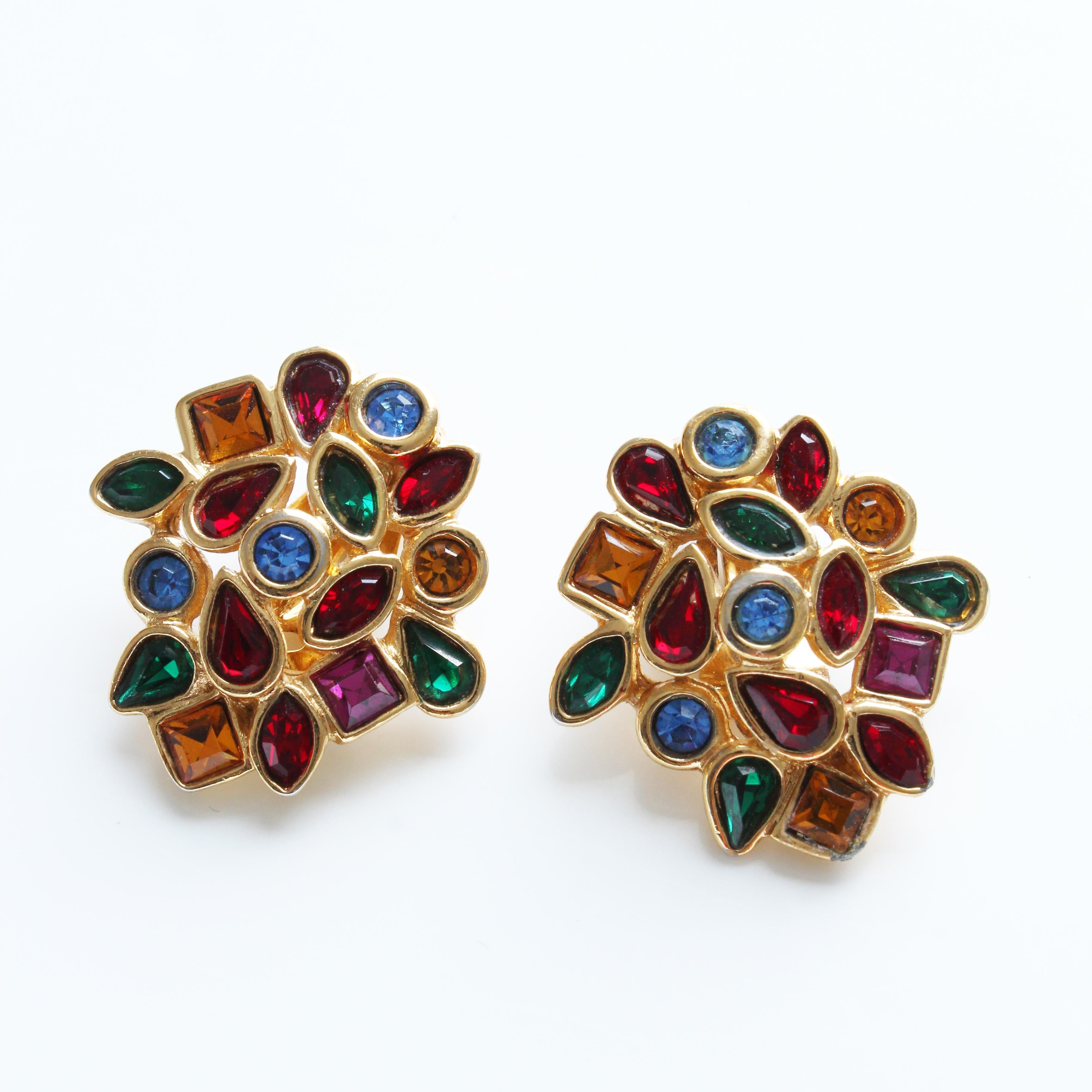 Contemporary Yves Saint Laurent Earrings Multicolor Glass Rhinestones Clip Style Vintage 80s  For Sale
