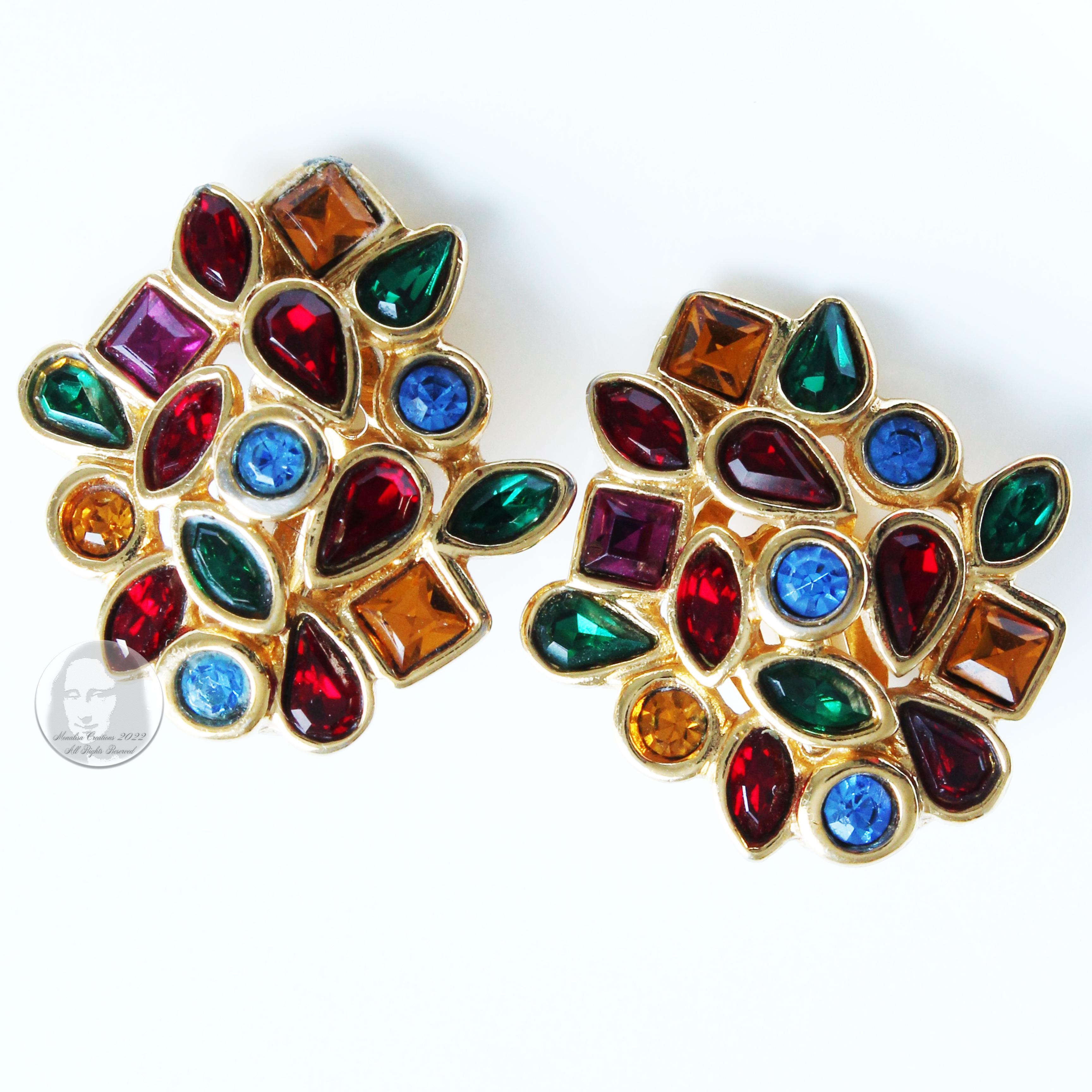 Yves Saint Laurent Earrings Multicolor Glass Rhinestones Clip Style Vintage 80s  In Fair Condition For Sale In Port Saint Lucie, FL