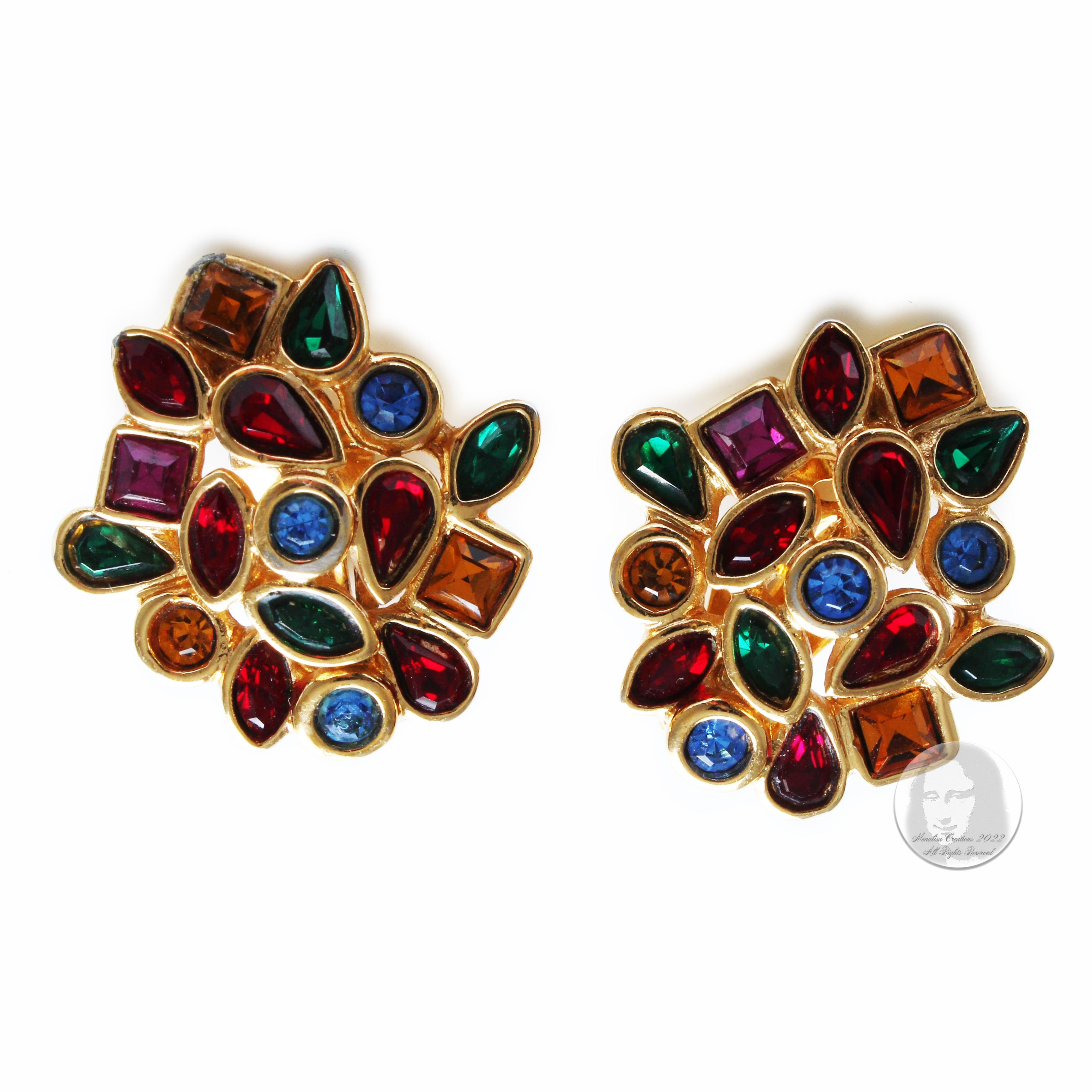 Women's or Men's Yves Saint Laurent Earrings Multicolor Glass Rhinestones Clip Style Vintage 80s  For Sale