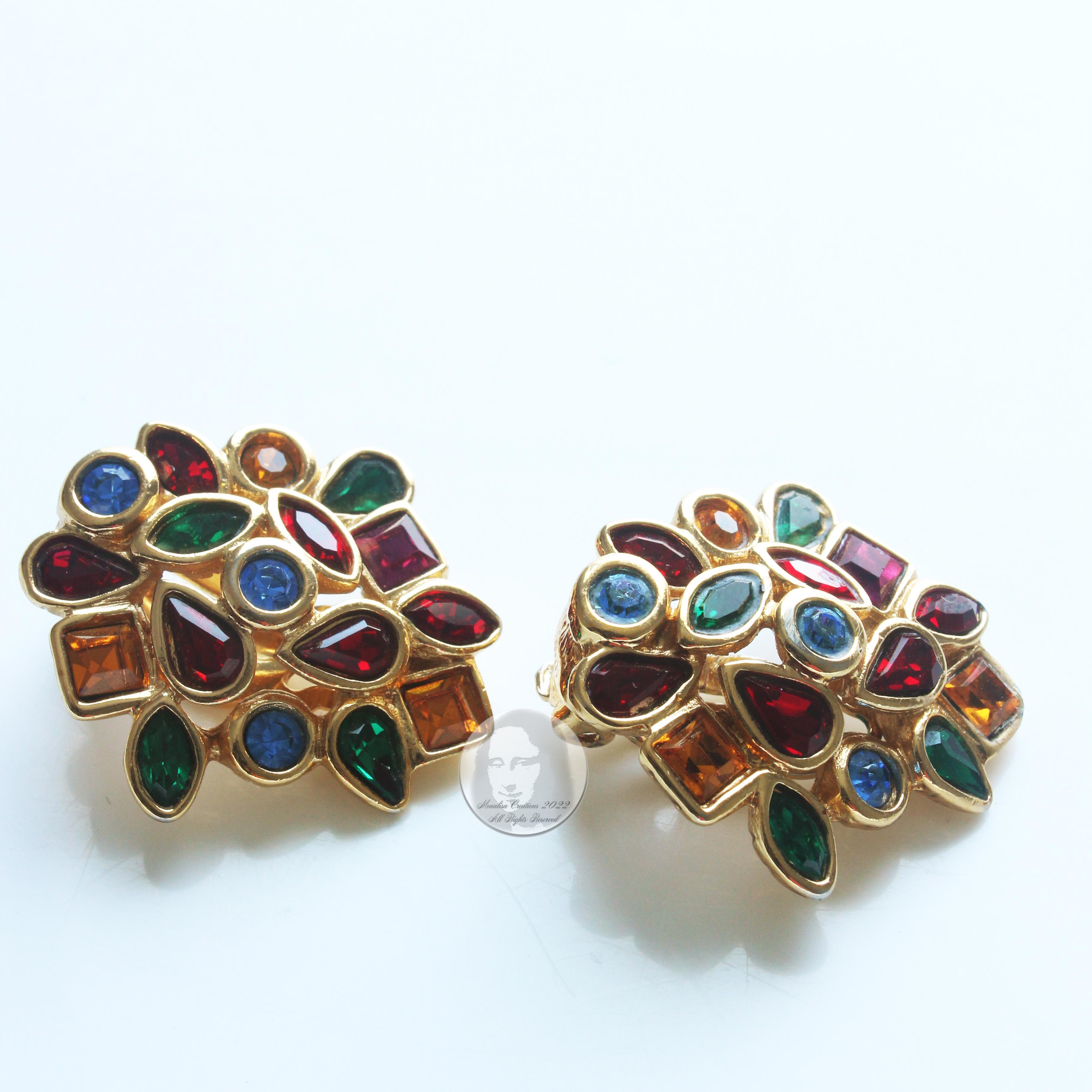 Yves Saint Laurent Earrings Multicolor Glass Rhinestones Clip Style Vintage 80s  For Sale 4