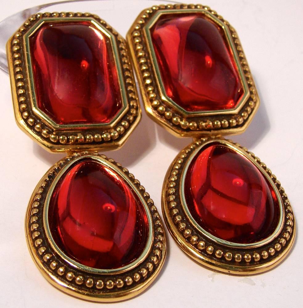 Baroque Revival Yves Saint Laurent Earrings Red Glass Cabochon Gold Metal Drop YSL 70s 
