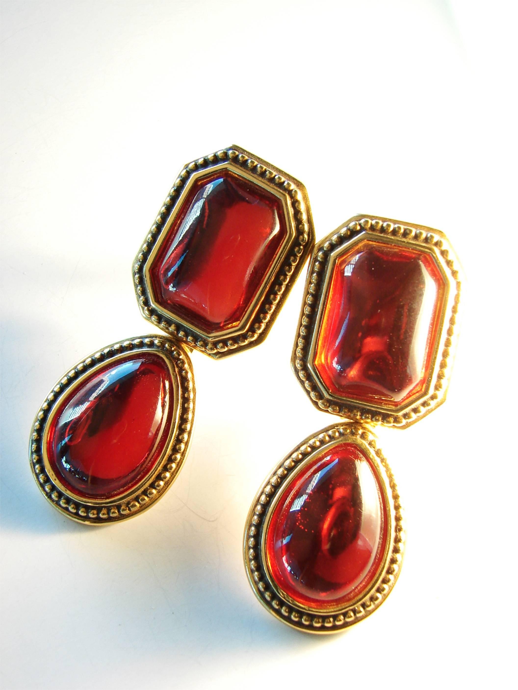 Yves Saint Laurent Earrings Red Glass Cabochon Gold Metal Drop YSL 70s  In Good Condition In Port Saint Lucie, FL