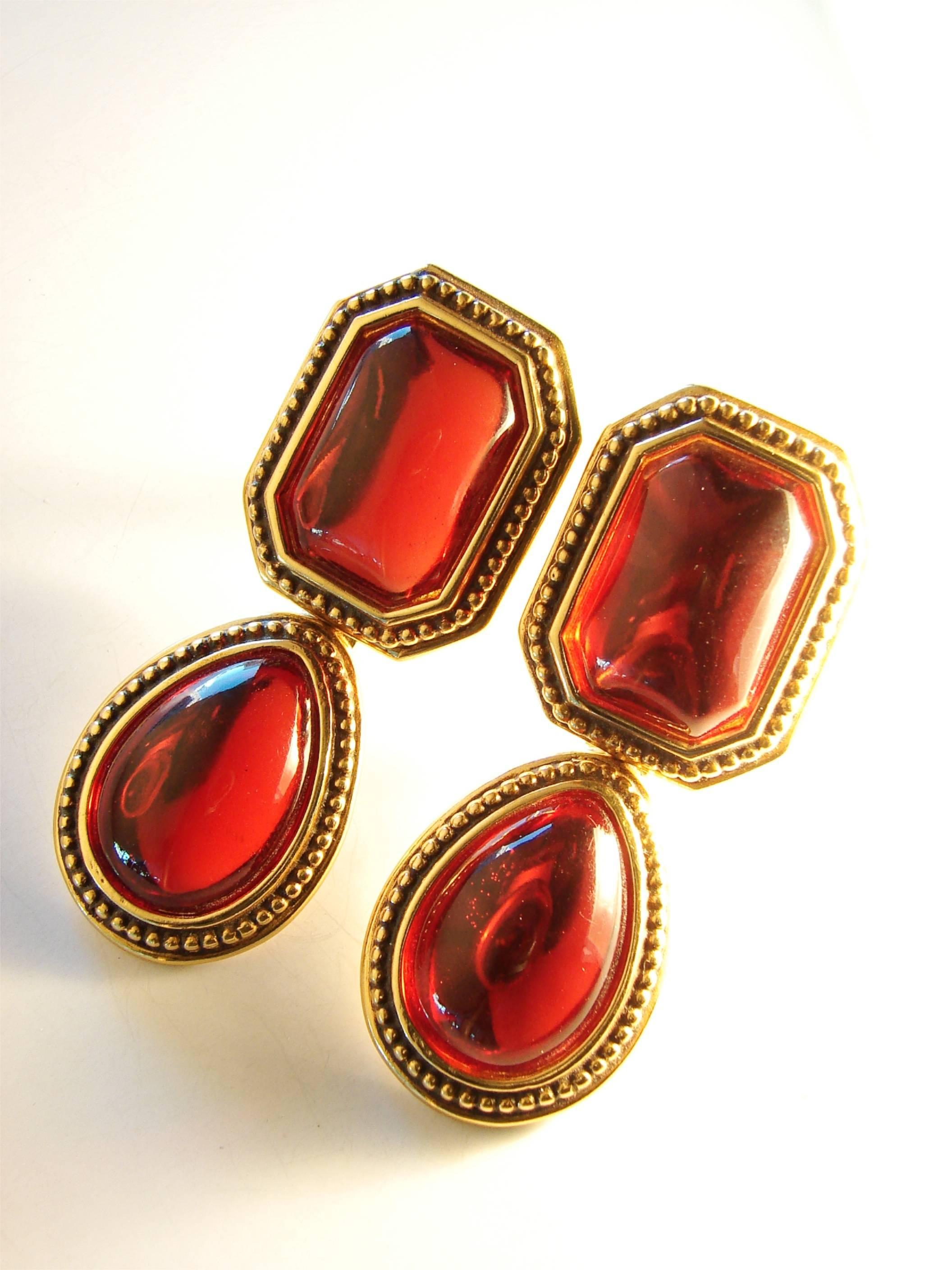 Women's Yves Saint Laurent Earrings Red Glass Cabochon Gold Metal Drop YSL 70s 