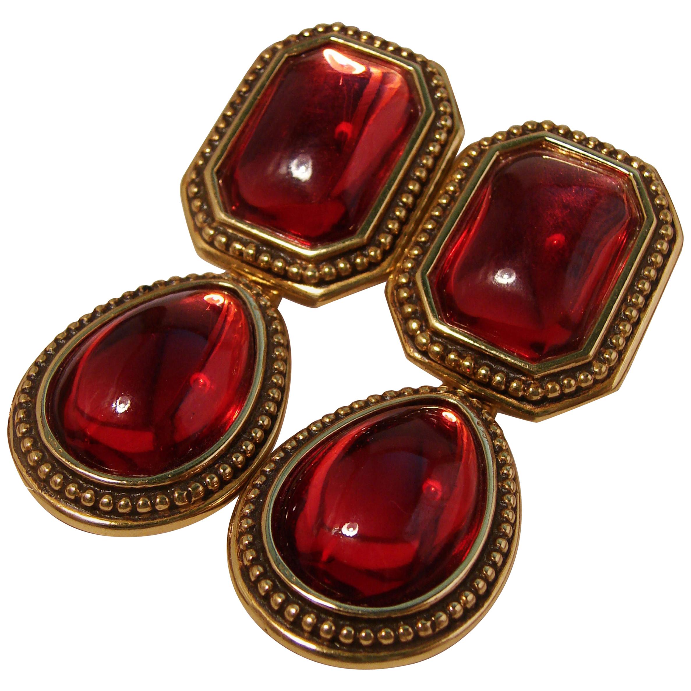 Yves Saint Laurent Earrings Red Glass Cabochon Gold Metal Drop YSL 70s 