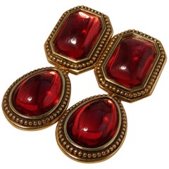 Vintage Yves Saint Laurent Earrings Red Glass Cabochon Gold Metal Drop YSL 70s 