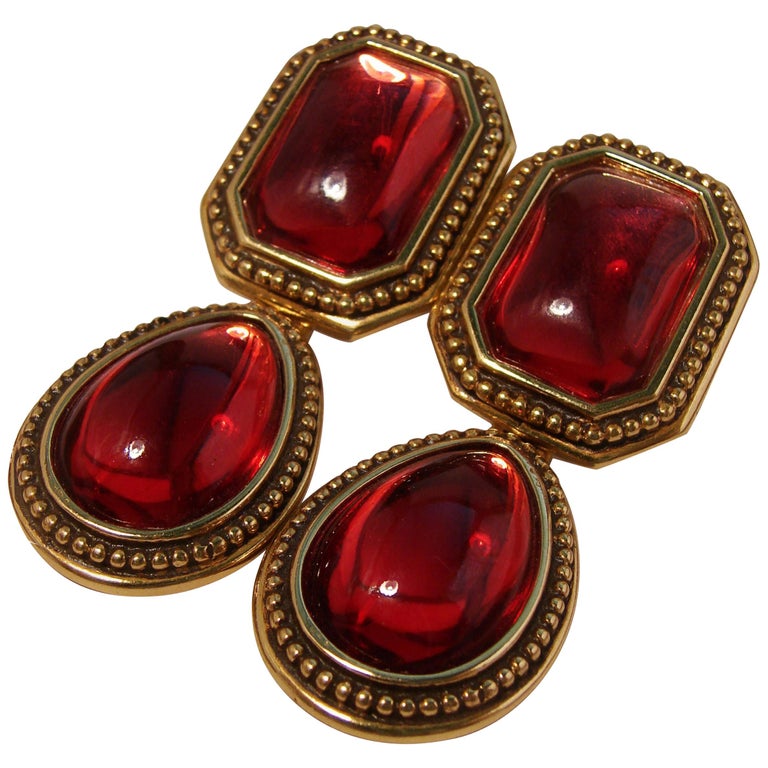 Yves Saint Laurent Earrings Red Glass Cabochon Gold Metal Drop YSL 70s at  1stDibs