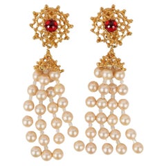 Yves Saint Laurent Earrings with Red Glass Paste Cabochon and Pearly Beads Yves Saint Laurent Earrings with Red Glass Paste Cabochon and Pearly Beads