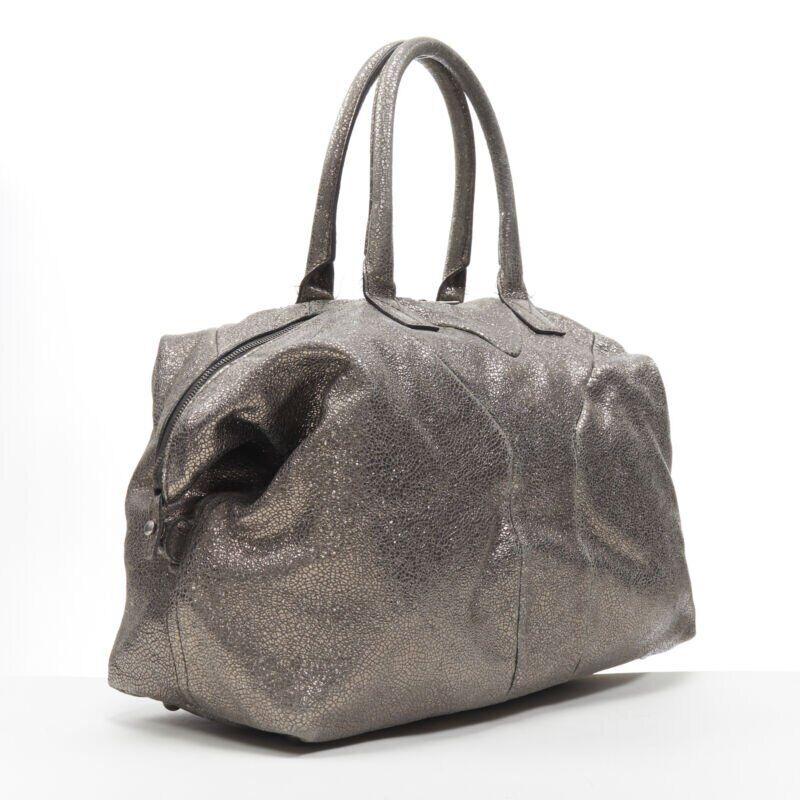 Women's YVES SAINT LAURENT Easy Y metallic silver leather top handle shoulder boston bag