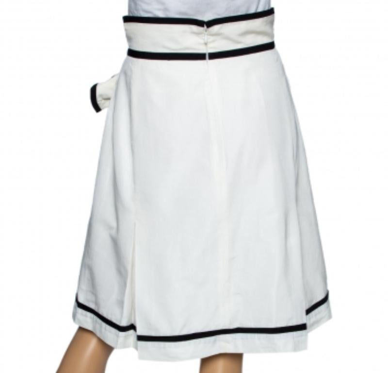 Yves Saint Laurent Ecru Cotton Contrast Trimmed Pleated Skirt M en venta 1