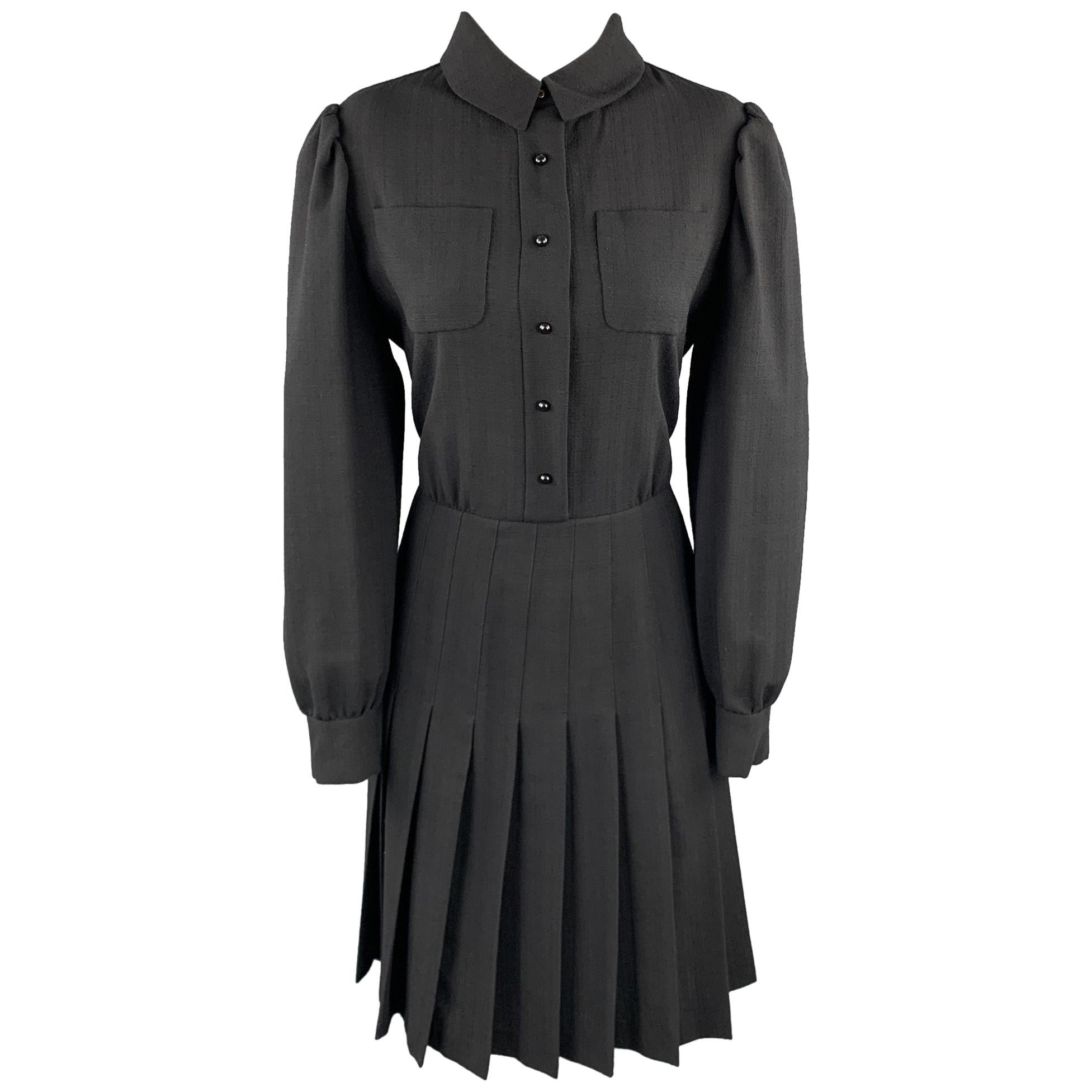 YVES SAINT LAURENT EDITION 24 Size 12 Black Wool Pleated Blouse Dress