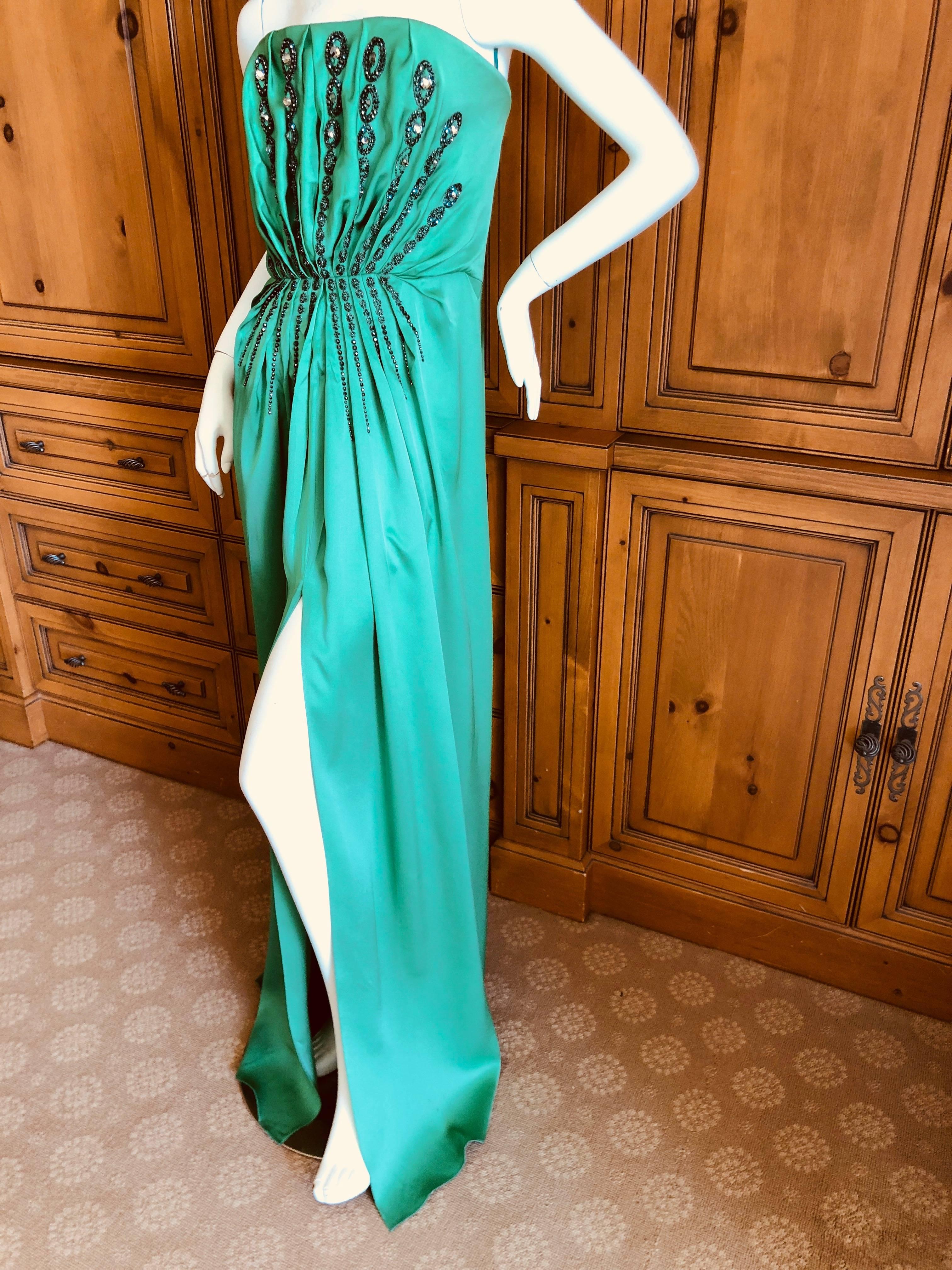 Yves Saint Laurent Edition Soir Embellished Green Silk Strapless Dress New Tags 5