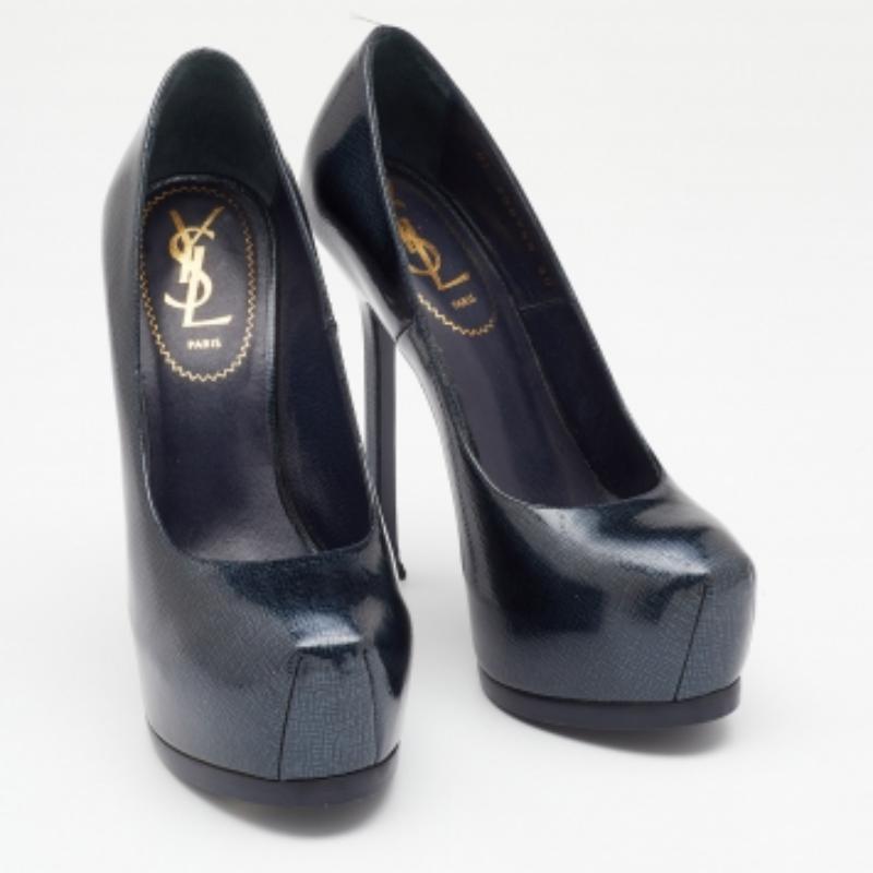 Black Yves Saint Laurent Emeral Green Patent Leather Tribtoo Platform Pumps Size 36 For Sale