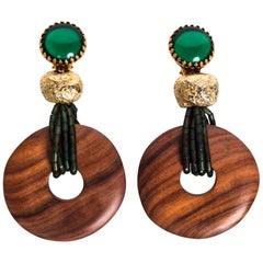 Yves Saint Laurent Emerald Green and Gold Wood Disc Accent Earrings, 1980s