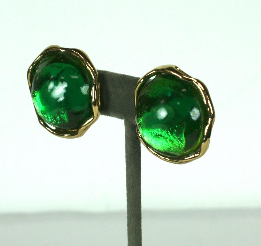 Yves Saint Laurent Emerald Pate de Verre Earrings with clip back fittings. Hand made glass cabochons are set into molten gold tone settings.
1.25