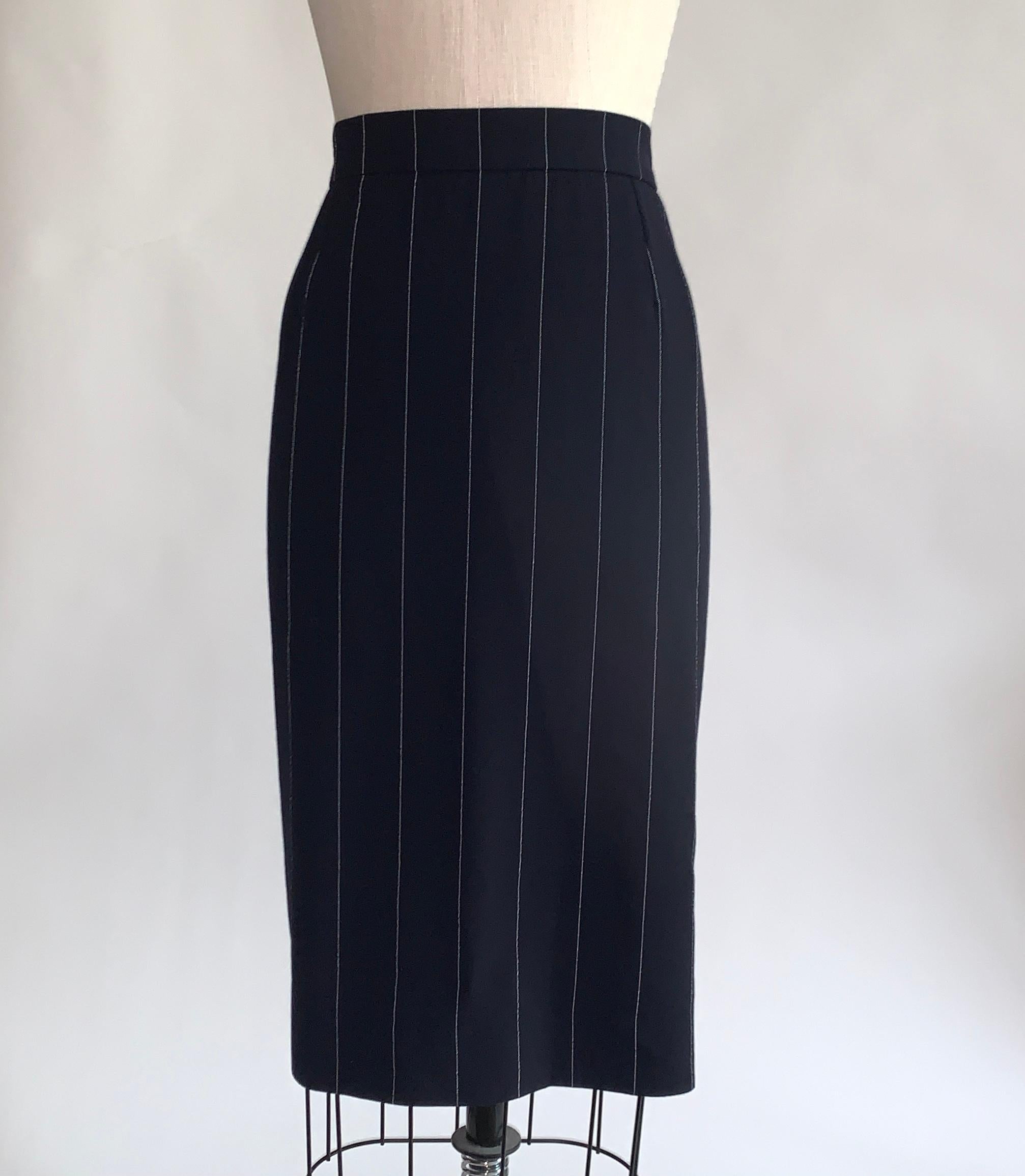 navy pinstripe pencil skirt
