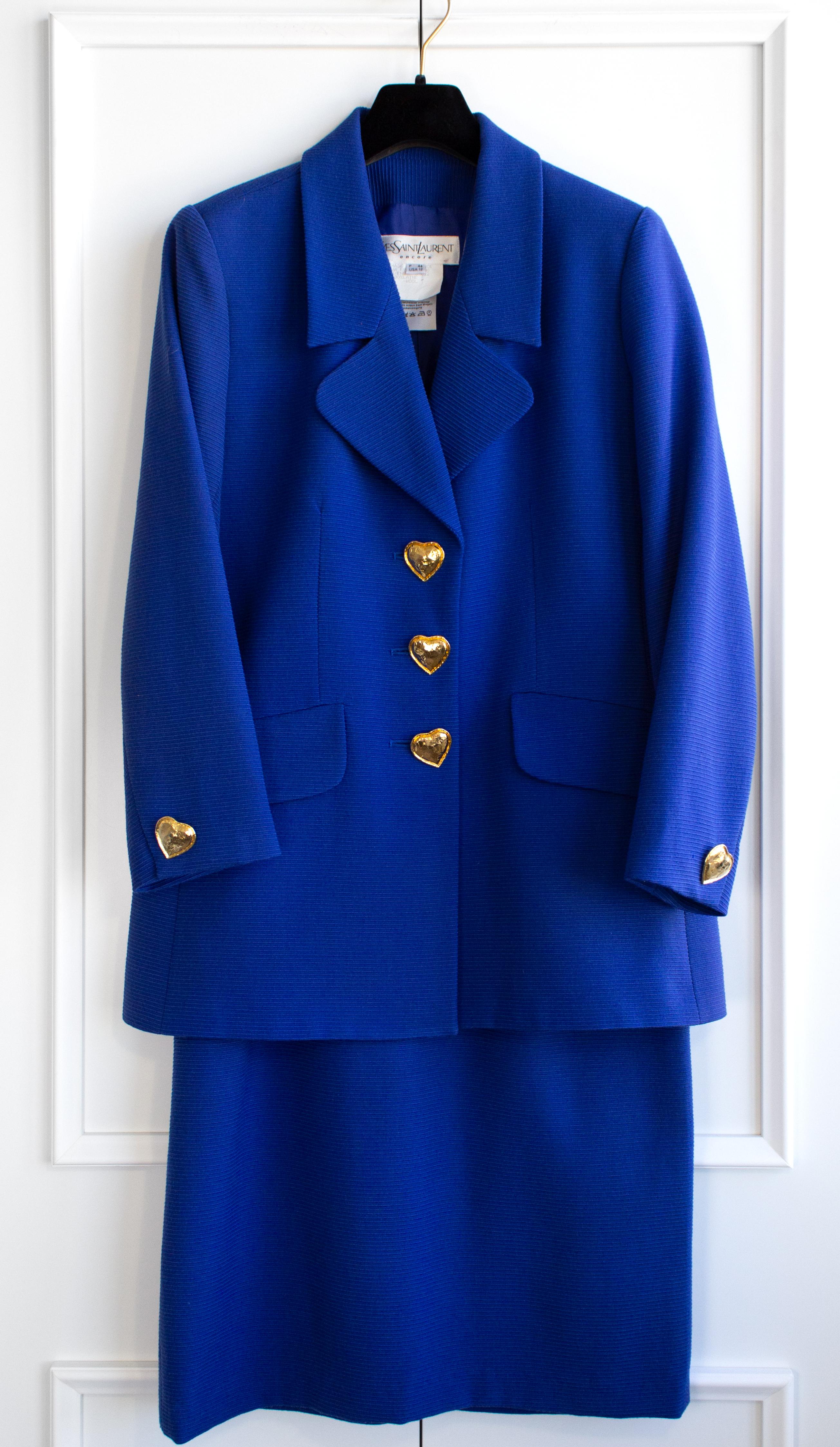 Women's Yves Saint Laurent Encore Vintage S/S 1995 Royal Blue Gold Hearts Jacket Suit For Sale
