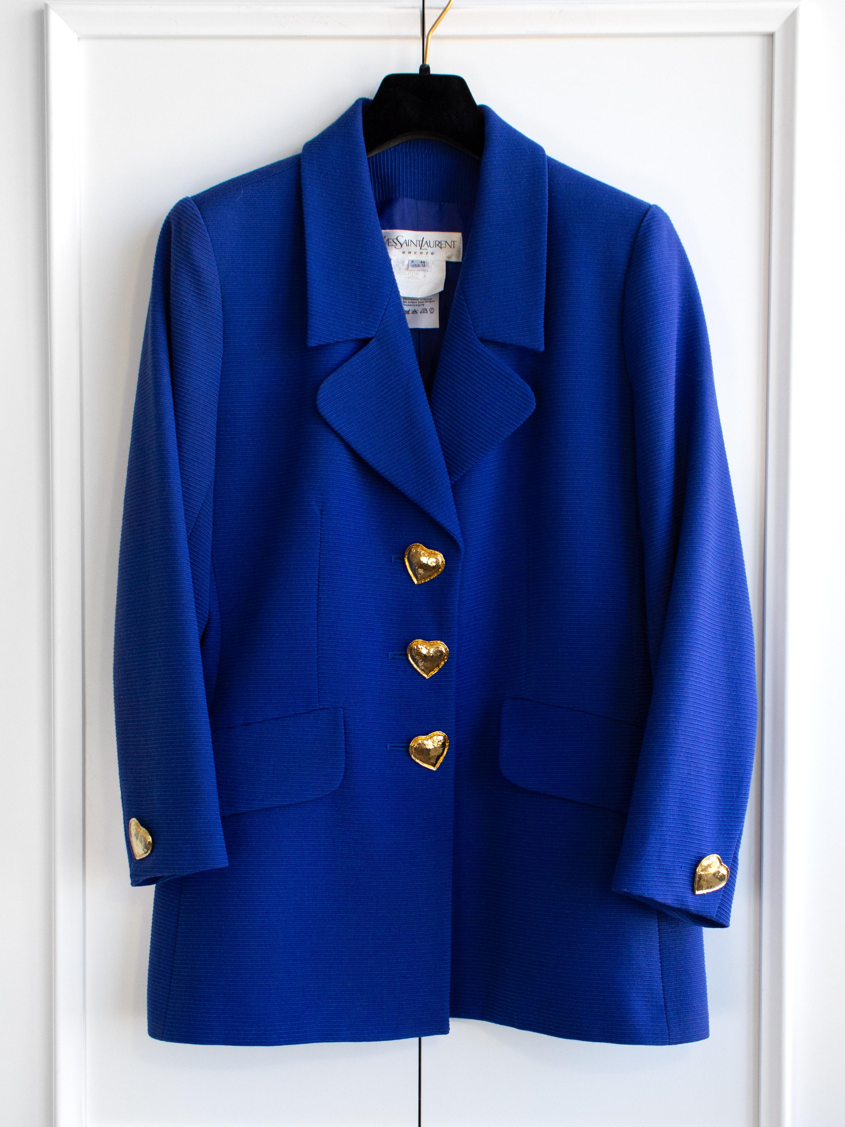 Yves Saint Laurent Encore Vintage S/S 1995 Royal Blue Gold Hearts Jacket Suit For Sale 2