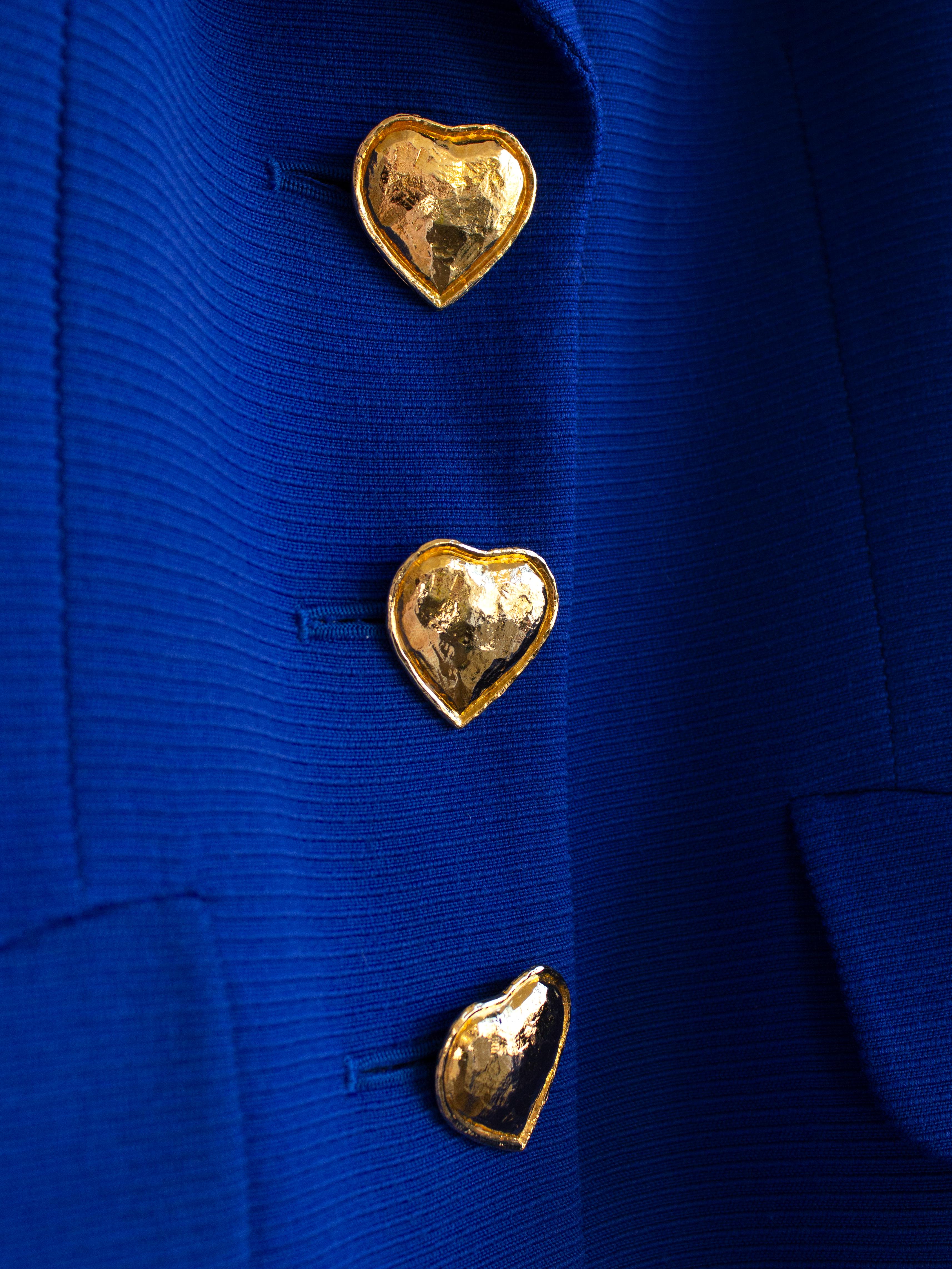 Yves Saint Laurent Encore Vintage S/S 1995 Royal Blue Gold Hearts Jacket Suit For Sale 4