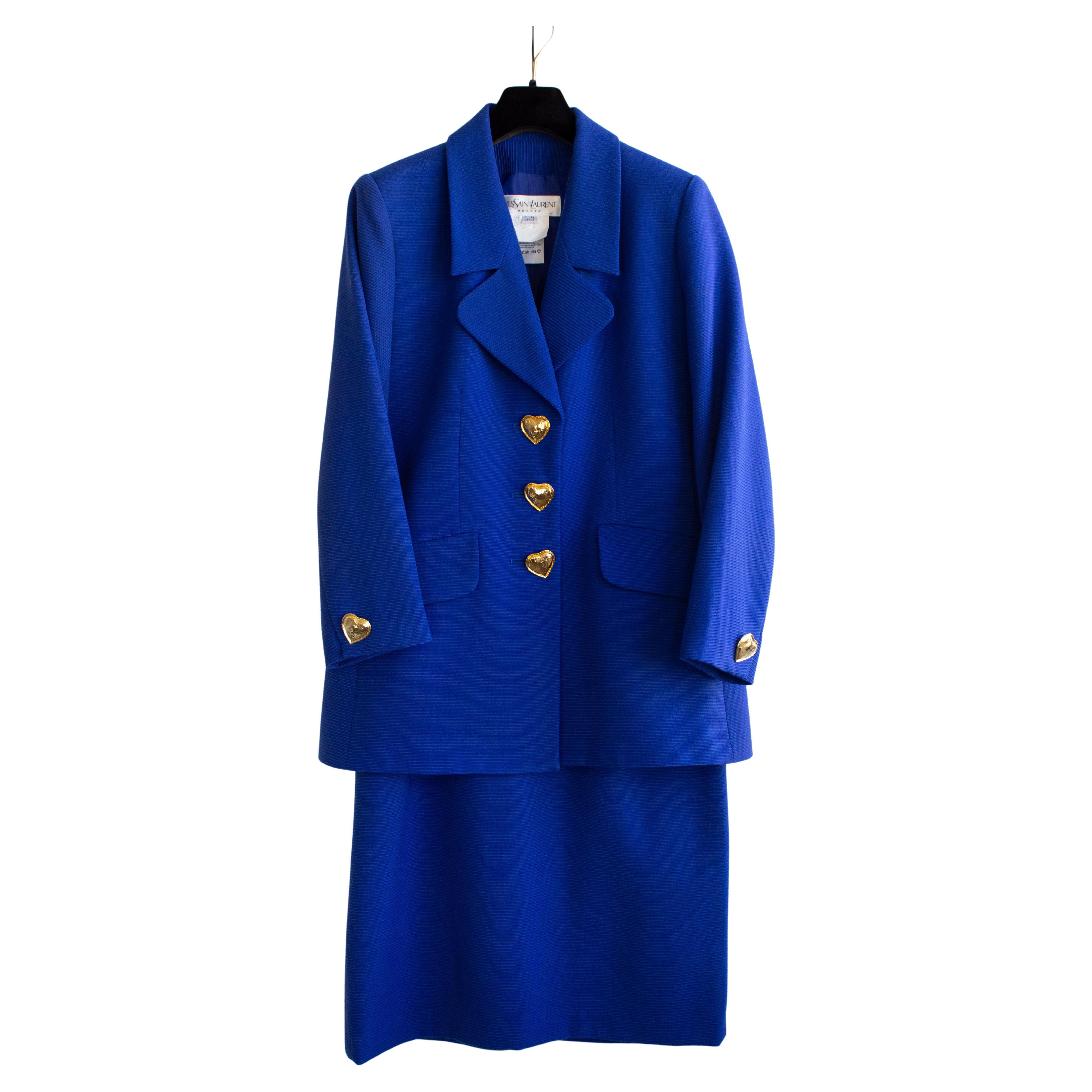 Yves Saint Laurent Encore Vintage S/S 1995 Royal Blue Gold Hearts Jacket Suit For Sale